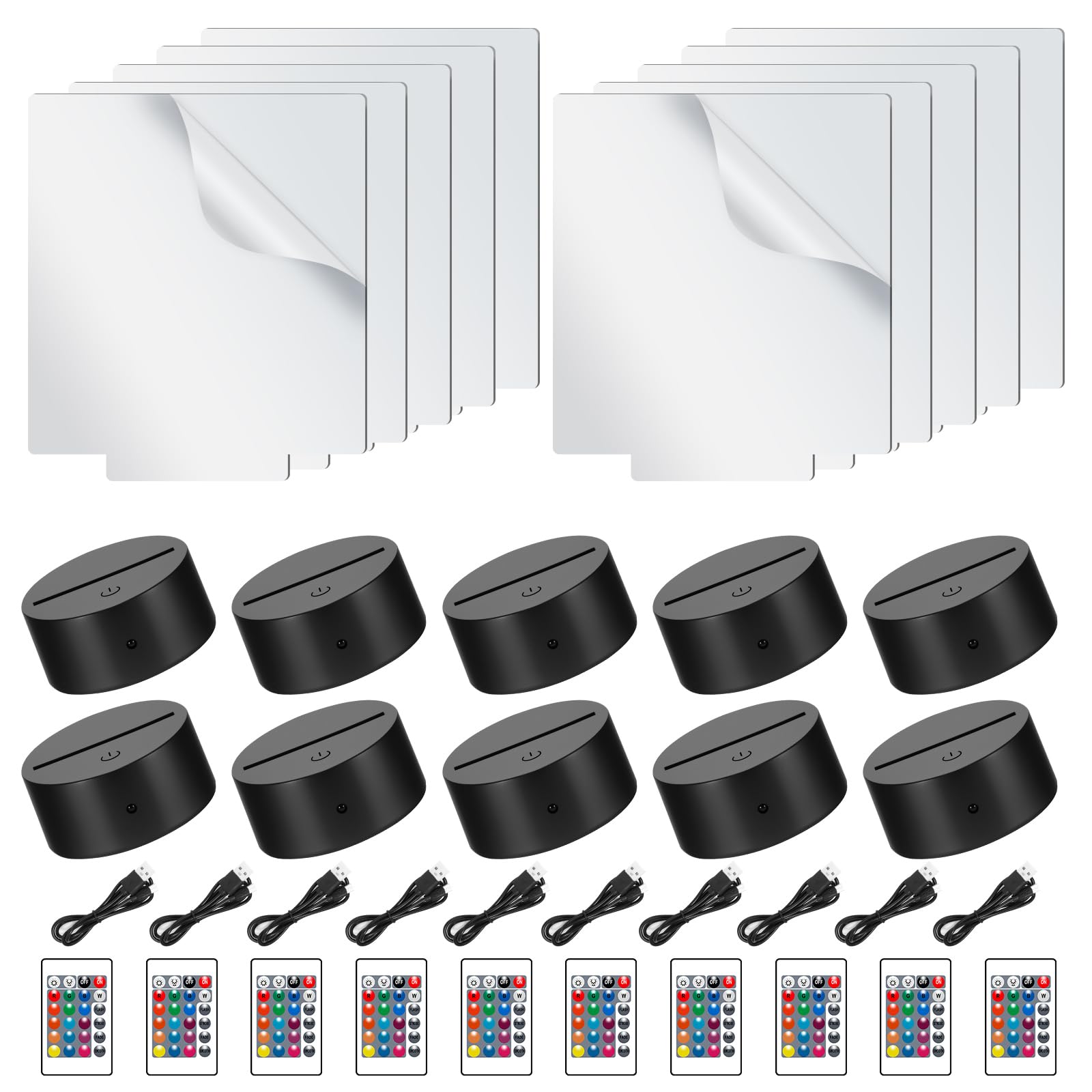 10 Juegos de Base de Lámpara de Luz LED Nocturna 3D, Interruptor Táctil Base de Luz LED con 7 Cambios de Color y 2 Modos de Luz, Luz Nocturna de Ilusión 3D con Control Remoto