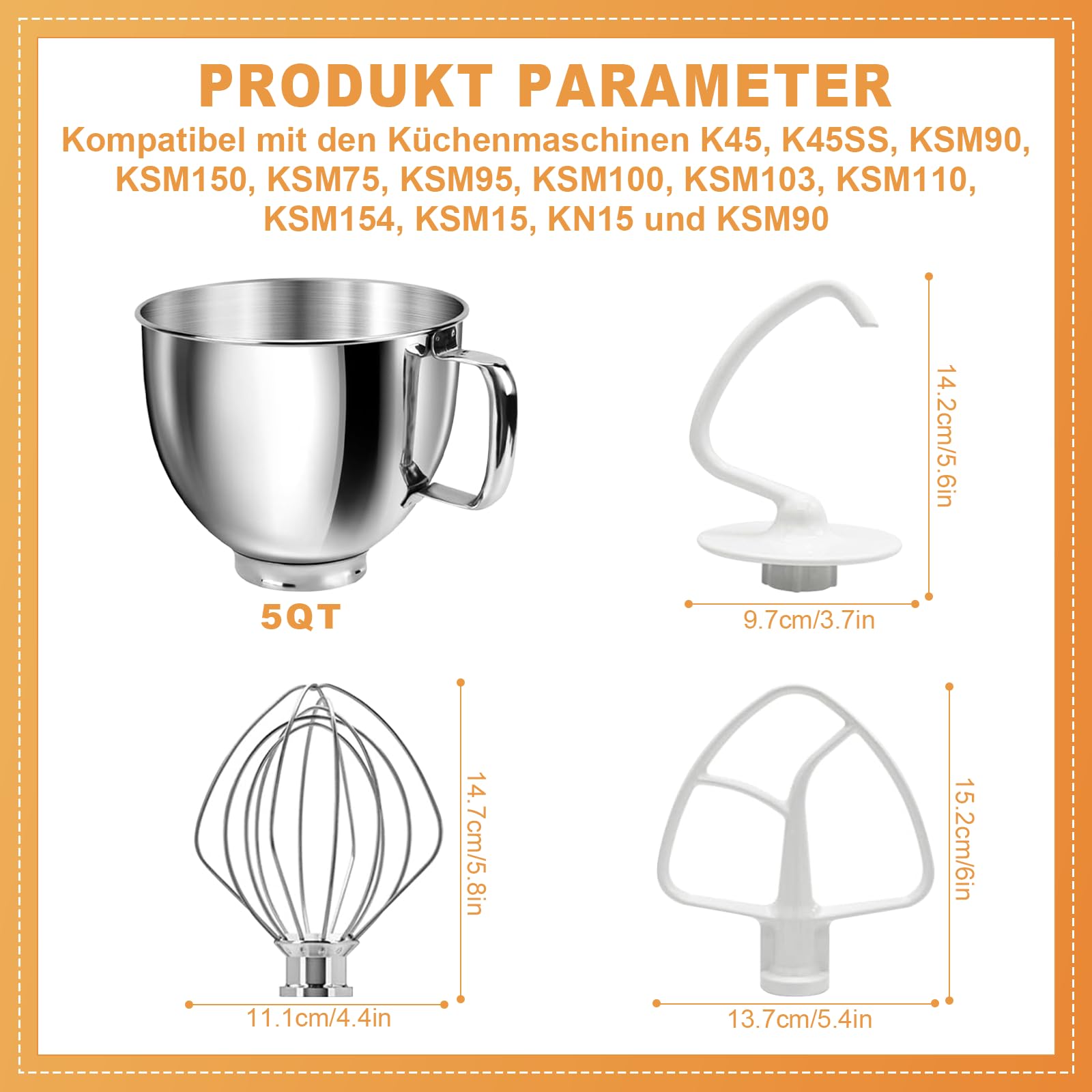 4-teiliges Rührwerkzeug Set, passend für 4.5-5 Quart Standmixer, Bestehend aus Drahtschneebesen, Flachrührer, Knethaken und Rührschüssel, Ideal für die Zubereitung verschiedener Speisen
