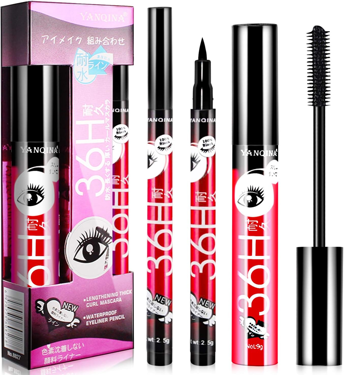 36 Hours Super Long Lasting Waterproof Mascara & Eyeliner Black Set, All Day Clump-Free & Smudge-Proof, Longer Thicker & More Curly, Voluminous Eyelashes, Natural Luxurious Looking Lashes Adds Glamour