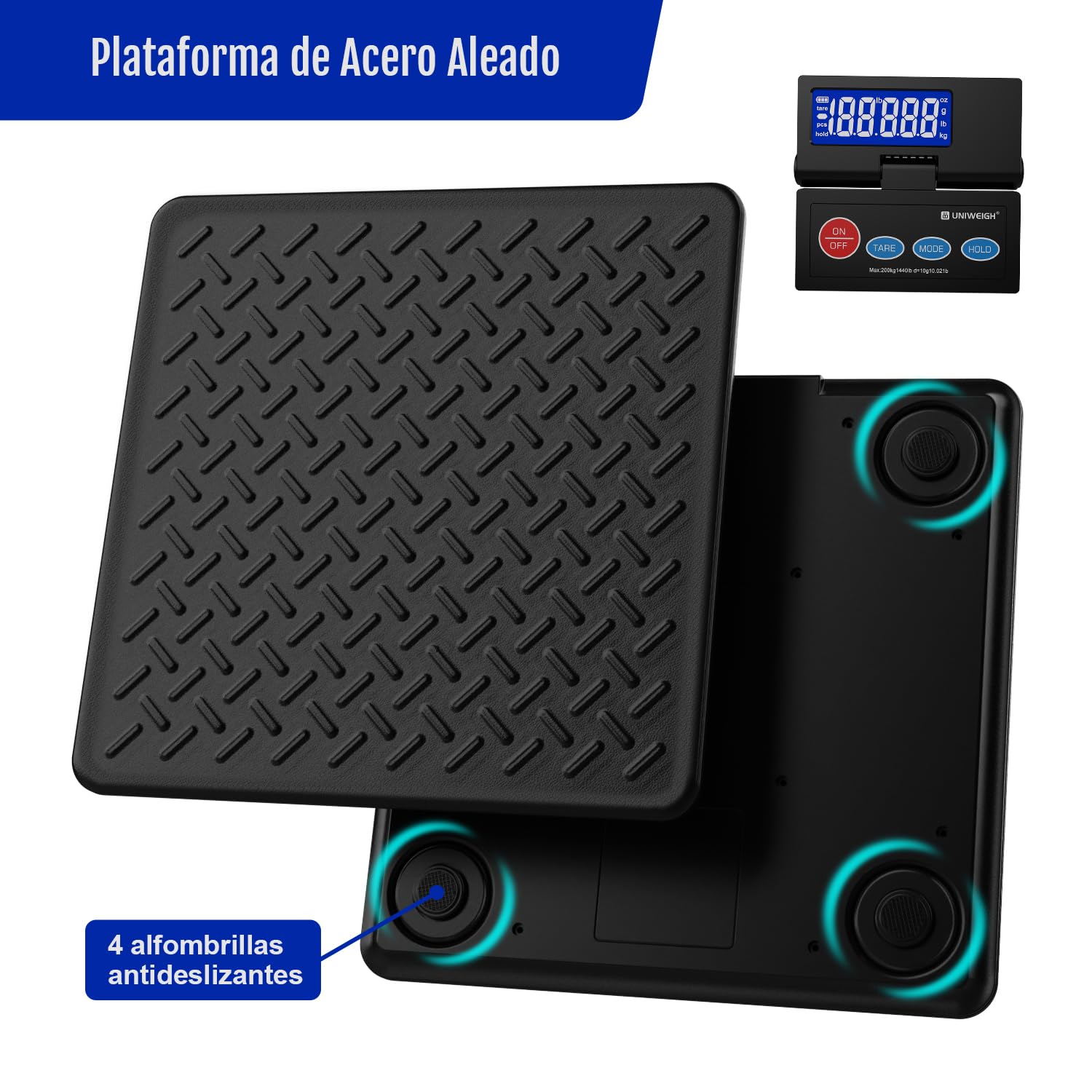 UNIWEIGH Báscula digital para paquetes, 10 g, precisión para paquetes con pantalla LCD retroiluminada, plataforma de acero aleado, funcionamiento por USB A/batería, tara/Hold/Auto-Off, báscula de