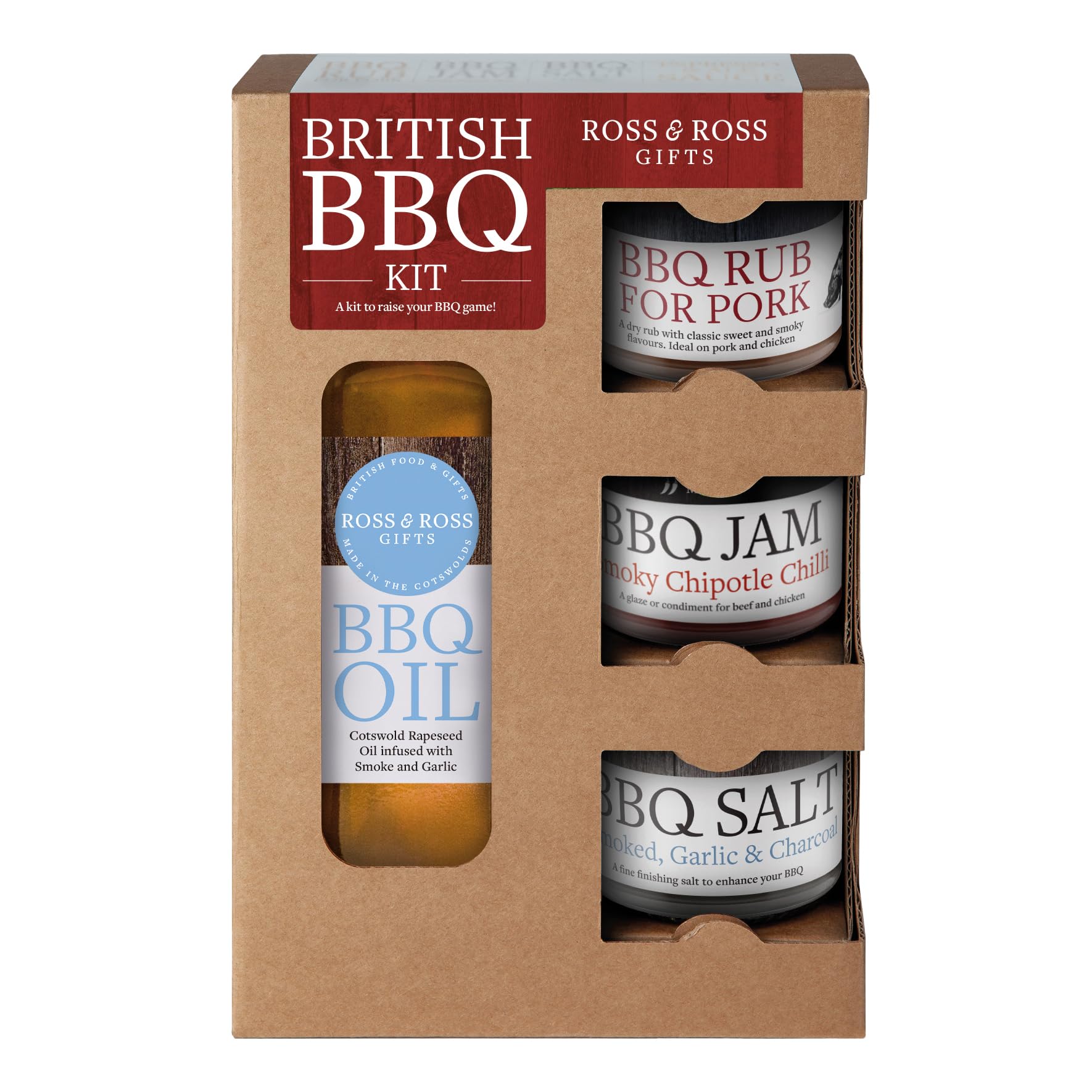 Ross & Ross Gifts - British BBQ Quad Kit, Containing Original BBQ Oil, 250ml, BBQ Rub, 50g, Smoky Chipotle BBQ Jam, 50g and BBQ Salt, 50g
