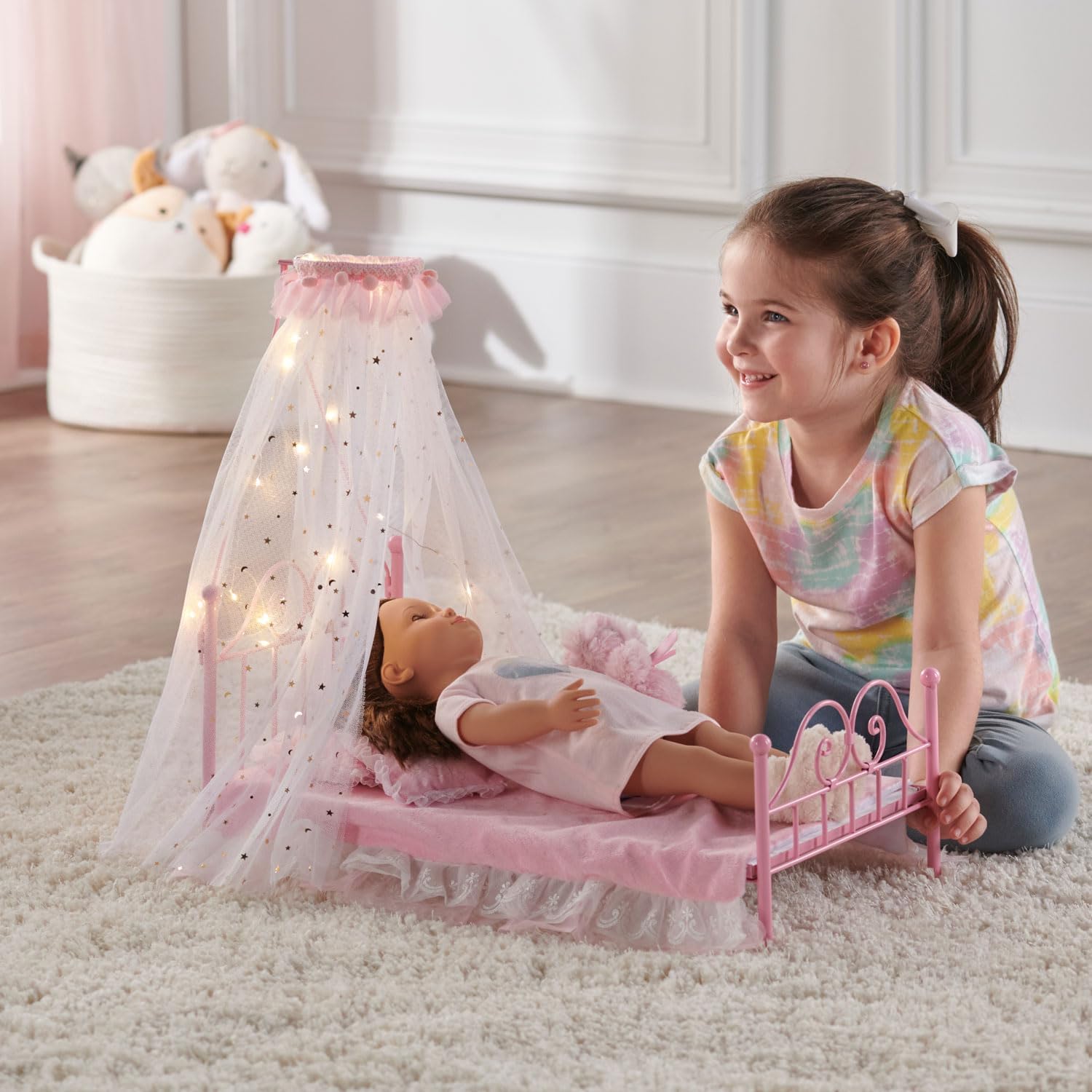 Badger Basket Starlights Metal Doll Bed - LED Canopy Bed Set Fits 18 Inch Dolls - Includes Mesh Drapes Decorative Pillows Reversible Blanket - Pretend Play Doll Furniture - Pink - Image 7