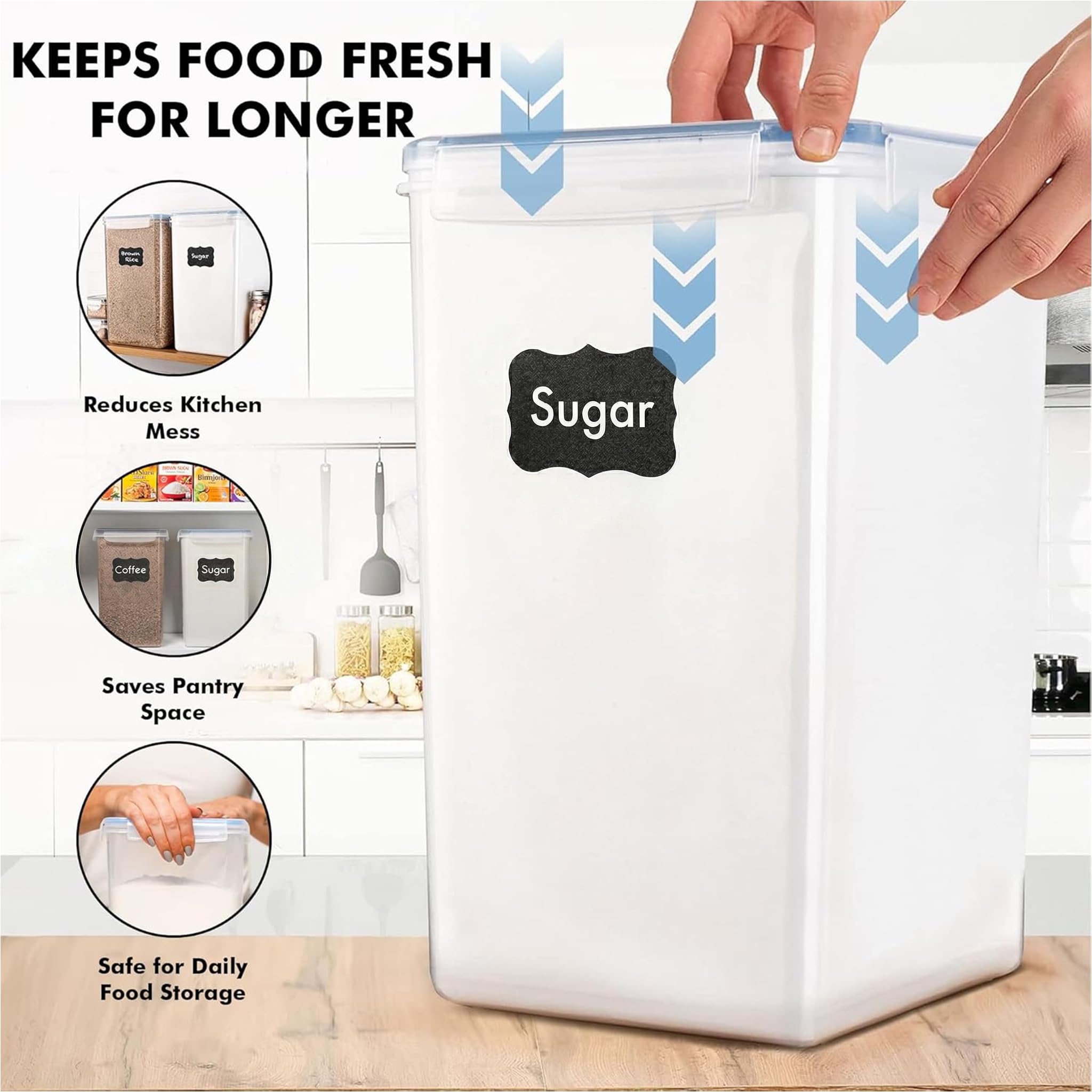 Juego de 2 recipientes herméticos para almacenamiento de alimentos XXL de 7 cuartos de galón, 6.5 L, 226 onzas, ancho y profundo, 2 tazas medidoras, ideal para azúcar, harina, plástico transparente, a