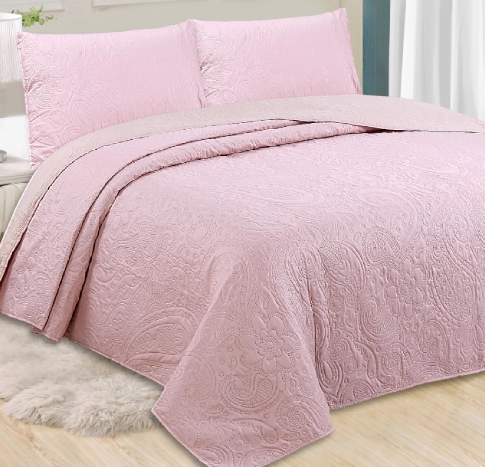 HaraDeco Colcha Rosa Floral Lisa - Colcha de Verano Ligera con 2 Fundas de Almohada - Cubrecama para Todas Las Estaciones - Hogar y Hostelería - Cama Matrimonio 140/150 cm