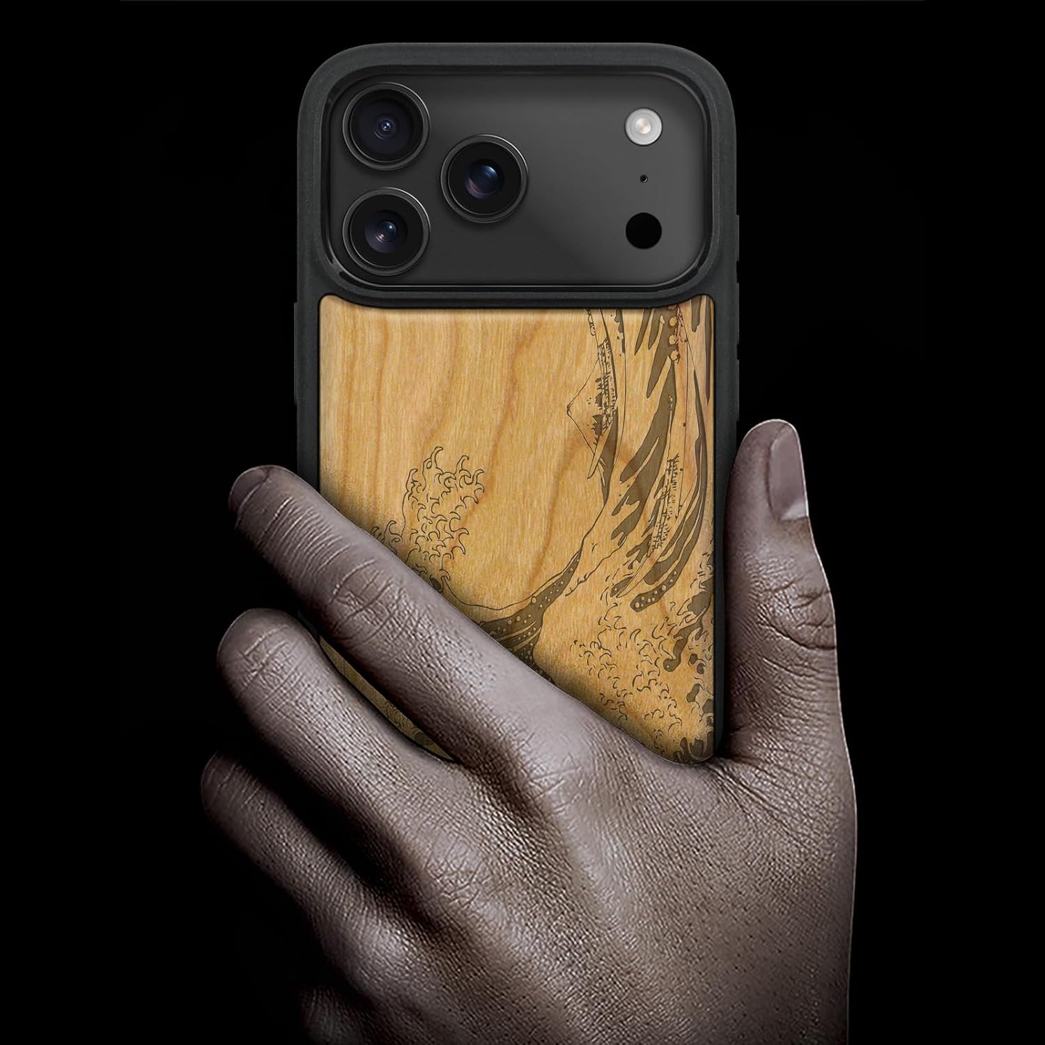 Carveit Magnetic Wooden Case for iPhone 17 Pro Case, Wood Artisan Engraved & Black Soft TPU Shockproof Cover, Compatible with MagSafe Wireless Chargers (Wave Reimagined) Cherry