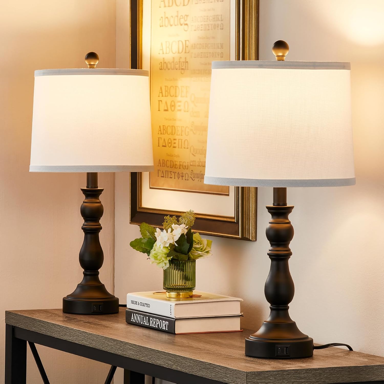 Farmhouse Side Table Lamps for Living Room Set of 2 with USB C+A Ports, Bedside Lamp for Bedroom, Dining Room Decor, Office, End Table, Knob Switch, 3 Color Temperatures, Bulb Included, Black thumbnail