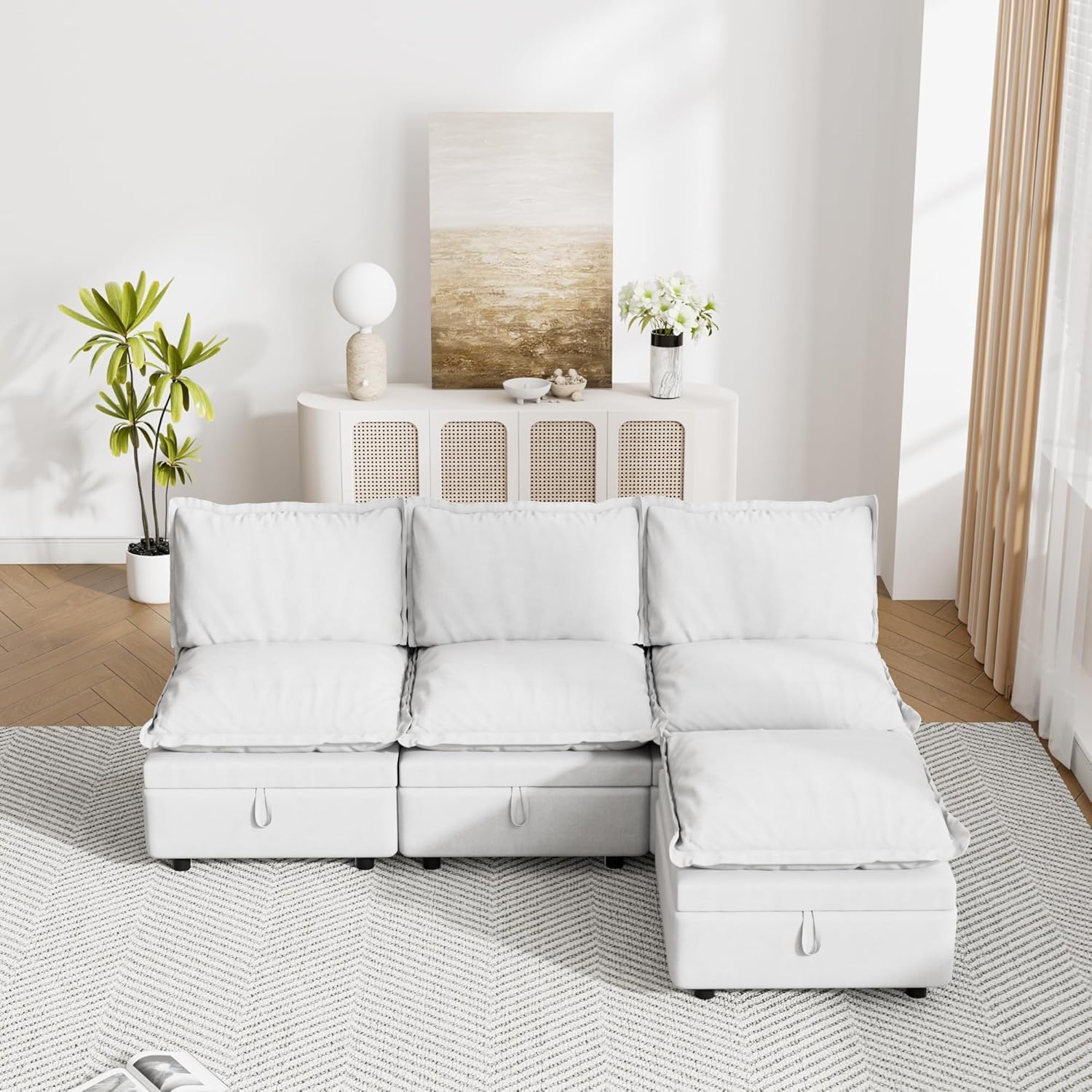 80.5" L Shaped Modular Sectional Sofa, 3 Seater Cloud Couch with Ottoman, Chenille Deep Seat Couch for Living Room Small Spaces, Beige