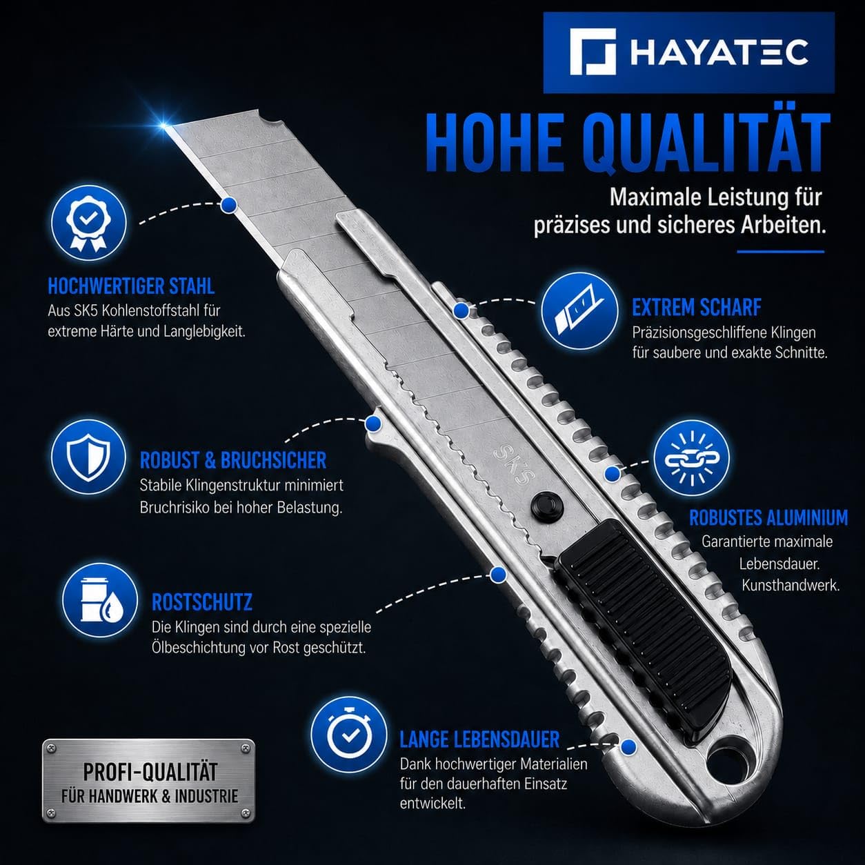 HAYATEC 10 cúteres profesionales de aluminio de 18 mm con 100 cuchillas separables SK5 multiusos