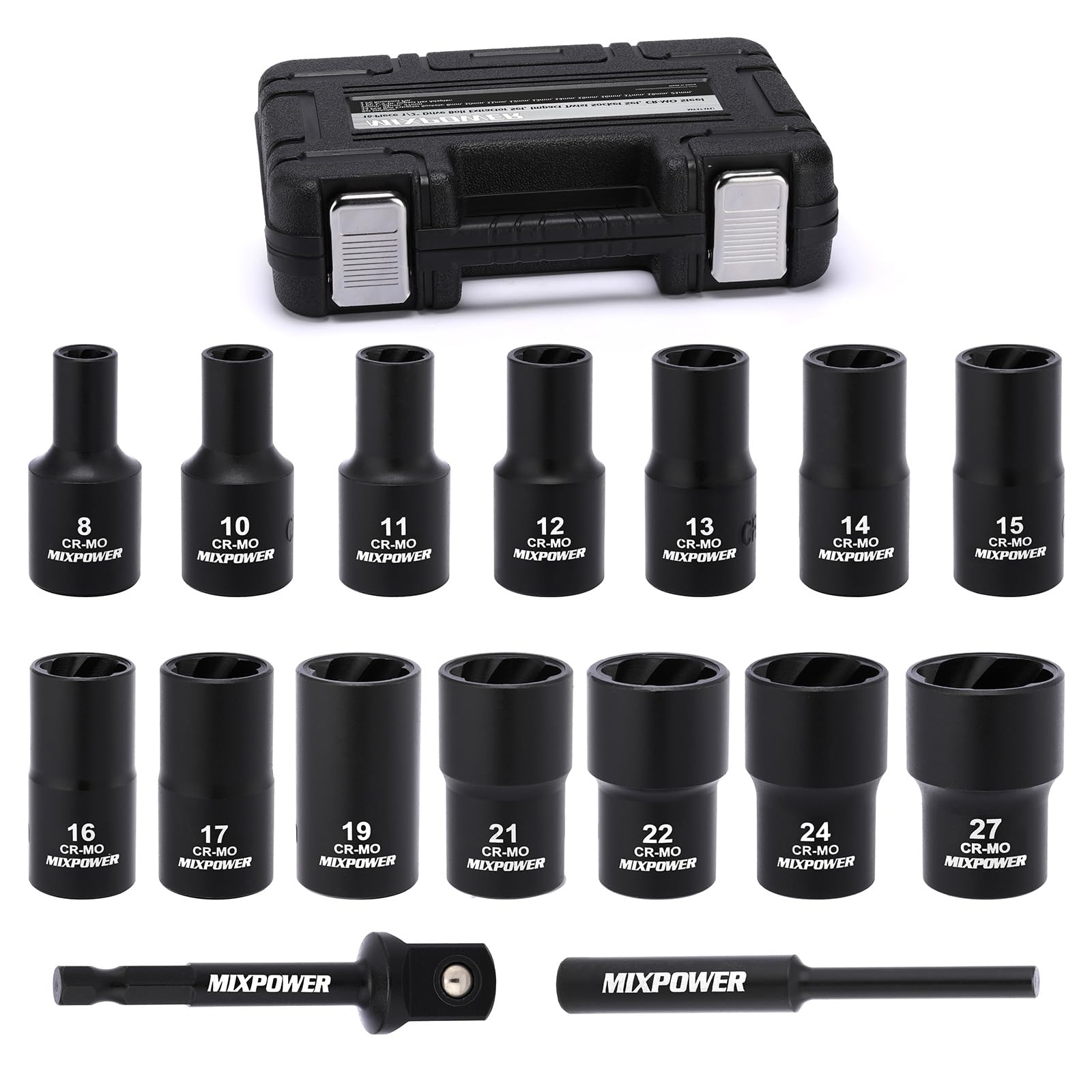 MIXPOWER 16 pezzi 1/2 pollici Drive Impact Bolt and Nut Extractor Socket Set, Stripped Lug Nut Remover Include Hex Shank Adapter & Pin Bar, per Removing Damaged Rusted Broken Rounded Fasteners Off