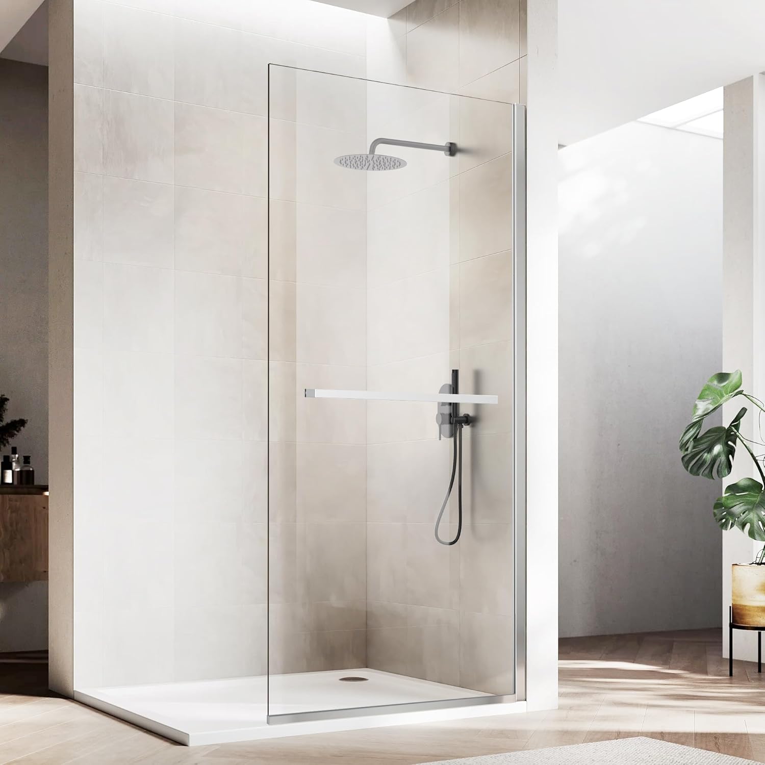 Shower Glass Door 34W*74H Inch, Bathroom Semi-Framed Fixed Shower Glass Panel Door, 5/16"(8MM) Thick Clear Tempered Glass with Handle(Towel Holder), Chrome