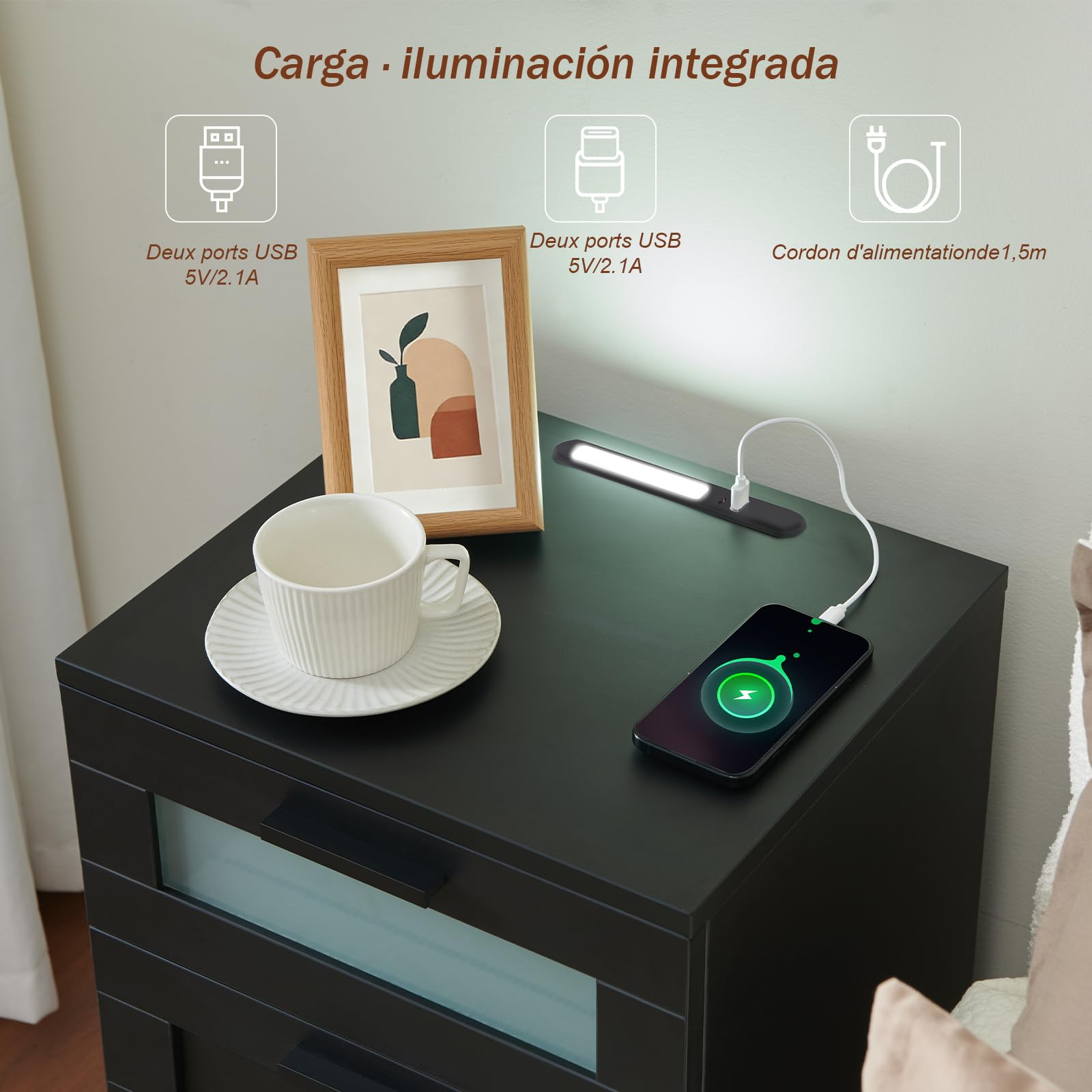 Mesitas de Noche con Luz LED, Mesa Auxiliar con 3 Cajones, Mesilla de Noche con Puerto USB y Type-C, para Dormitorio o Estudio, Moderno (2, Negro)