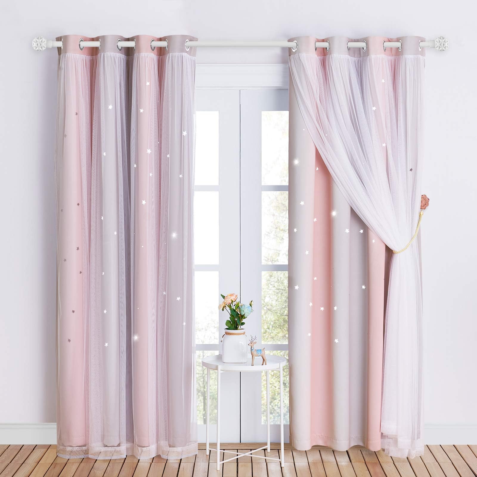 NICETOWN Kids Blackout Curtains Voile - Eyelet Top Thermal Insulated Curtains Light Blocking Filter Window Star Curtain for Kids Girls Nursery Bedroom, Grey Pink, 2 Panels, W52 x L84 Inch (132x213 cm)