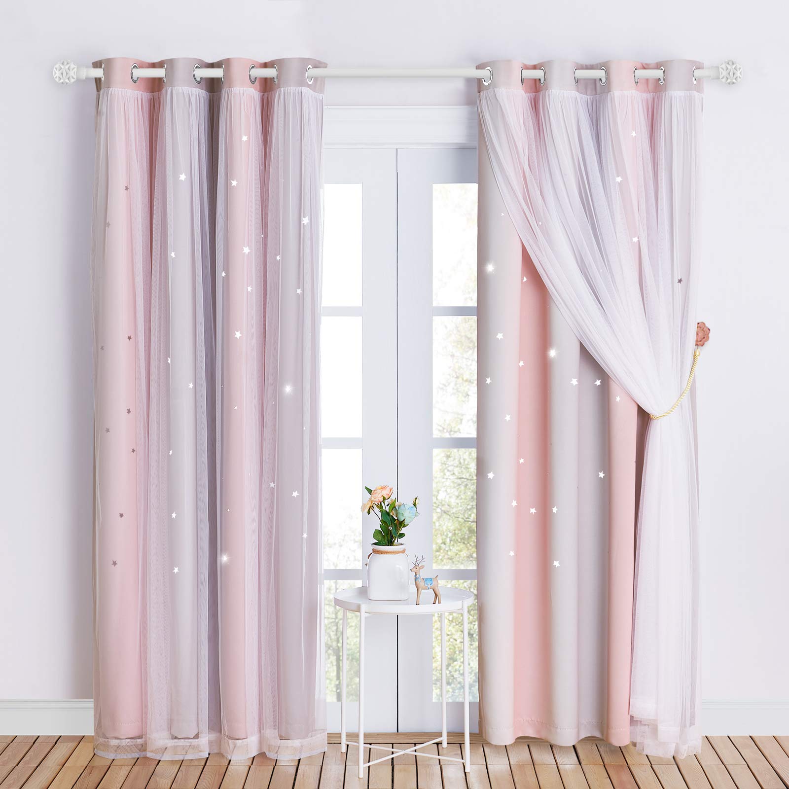 NICETOWN Kids Blackout Curtains Voile - Eyelet Top Thermal Insulated Curtains Light Blocking Filter Window Star Curtain for Kids Girls Nursery Bedroom, Grey Pink, 2 Panels, W52 x L72 Inch (132x183 cm)