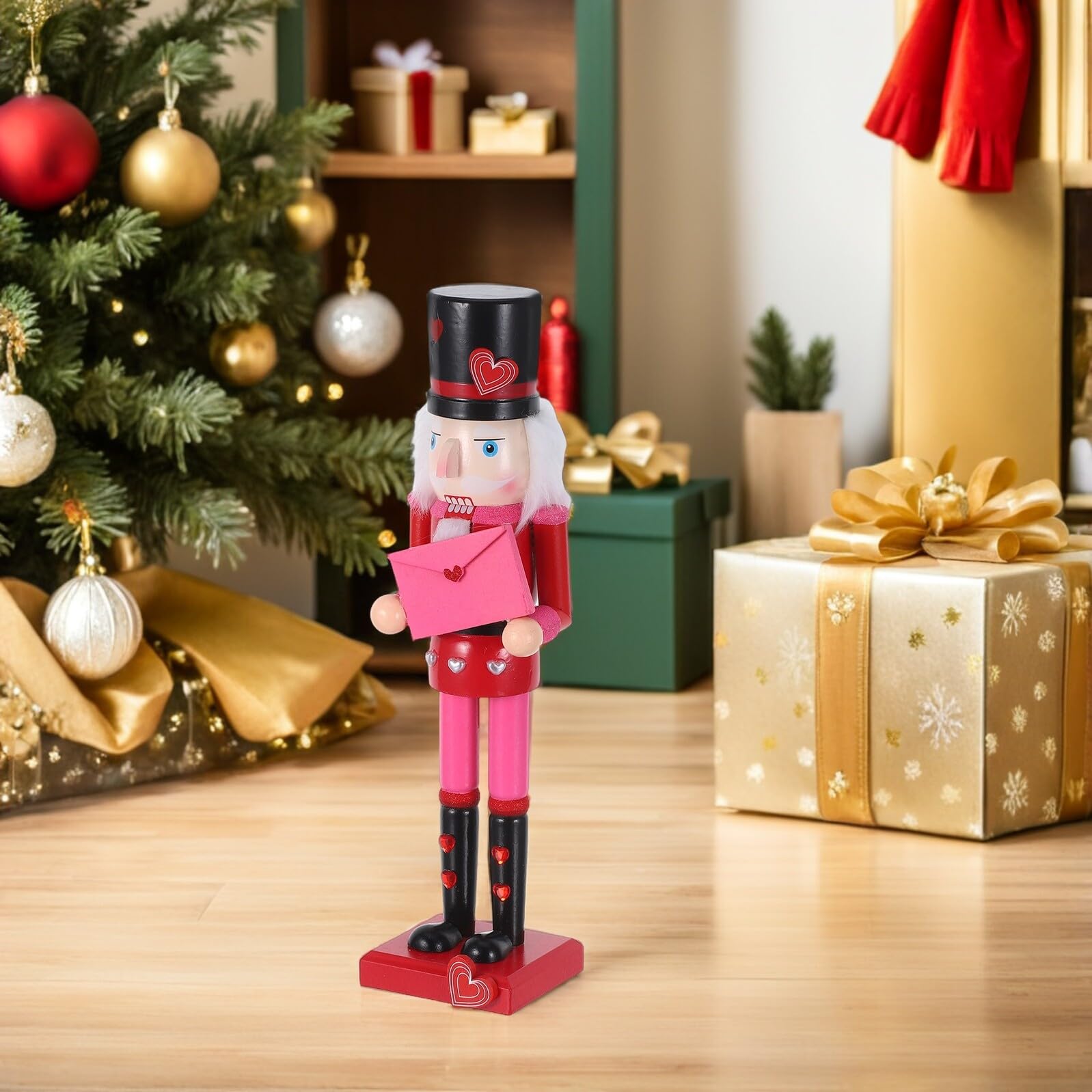 VANZACK Traditioneller Holz Nussknacker 36cm Valentinstag Deko Soldatenfigur mit Herz Rot Handbemalt für Tisch Kaminsims Weihnachten