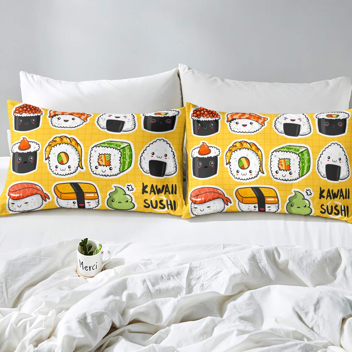 Feelyou Kids Cute Sushi Pattern Bedding Set Japanese-Style Comforter Cover for Girls Children Cartoon Japanese Sushi Duvet Cover Breathable Yellow Grid Plaid Bedspread Cover Room Decor Twin Size