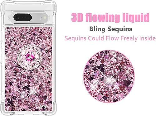 Miniatura 3 de Asuwish Funda de teléfono para Google Pixel 7A 5G 2023 con protector de pantalla y soporte para anillo, purpurina líquida brillante, transparente,