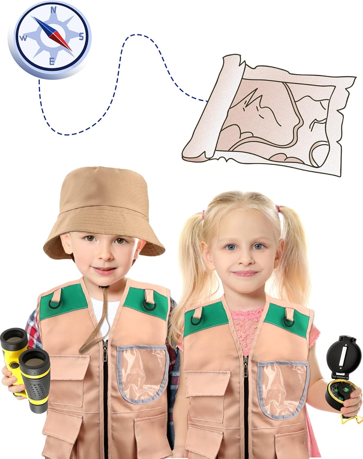 Kids Explorer Costume Outdoor Explorer Safari Vest and Hat with Binoculars Compass for Aged 3-7 Boys Girls Camping Hiking Play - Image 6