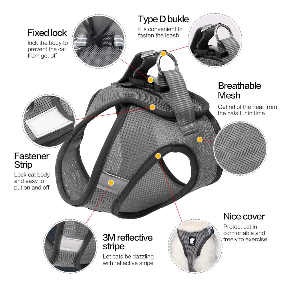 Set di Pettorina e guinzaglio per Gatti, a Prova di Fuga, Riflettente, Regolabile, in Morbida Rete, Imbottita, per Cuccioli, Gattini, Passeggiate all'aperto nuovo Grigio