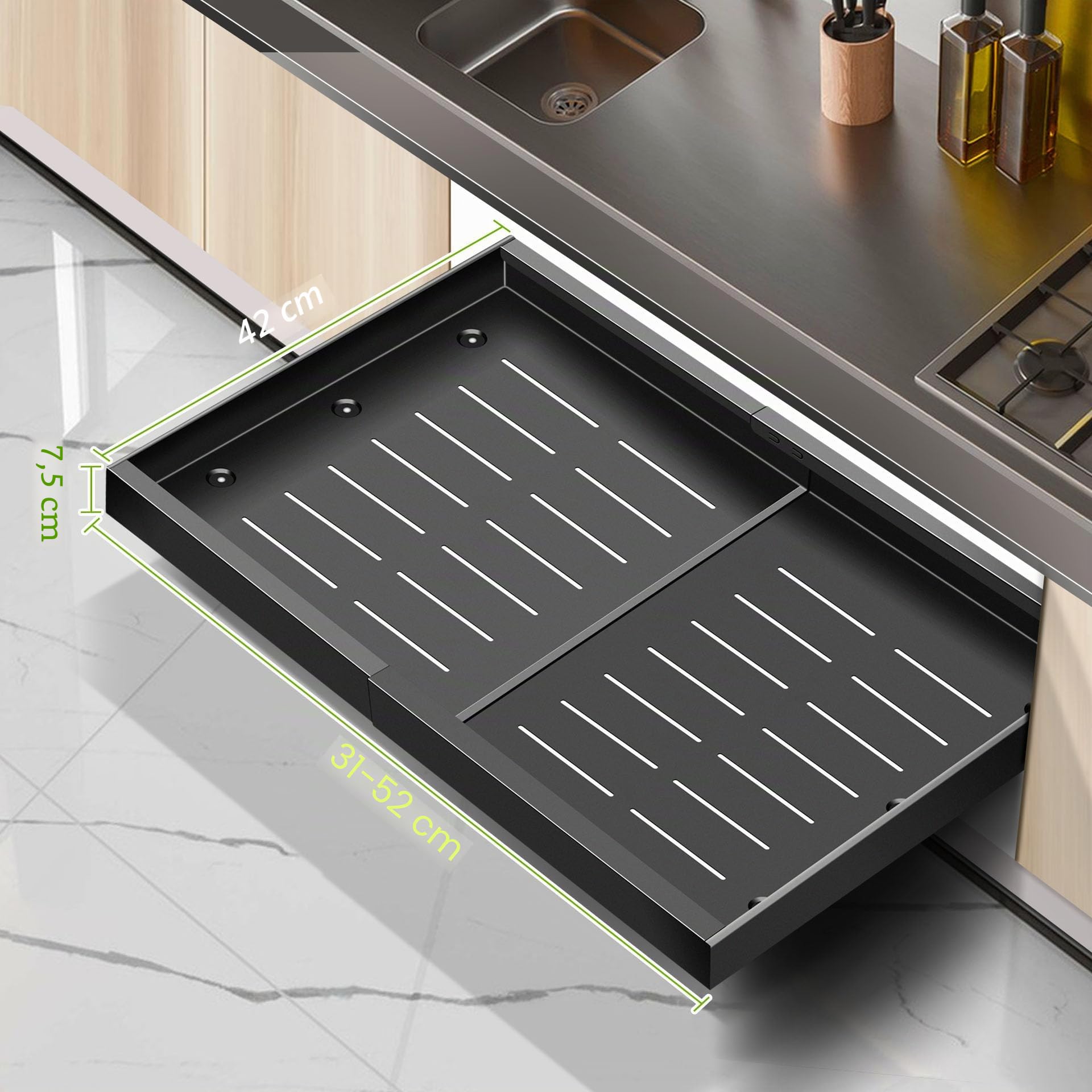 Mimoke Organizer espandibile estraibile per armadio, cassetto telescopico da cucina con adesivo, organizer per cassetti da cucina/bagno (nero, (2 pezzi) larghezza 31-52 cm, profondità 42 cm)