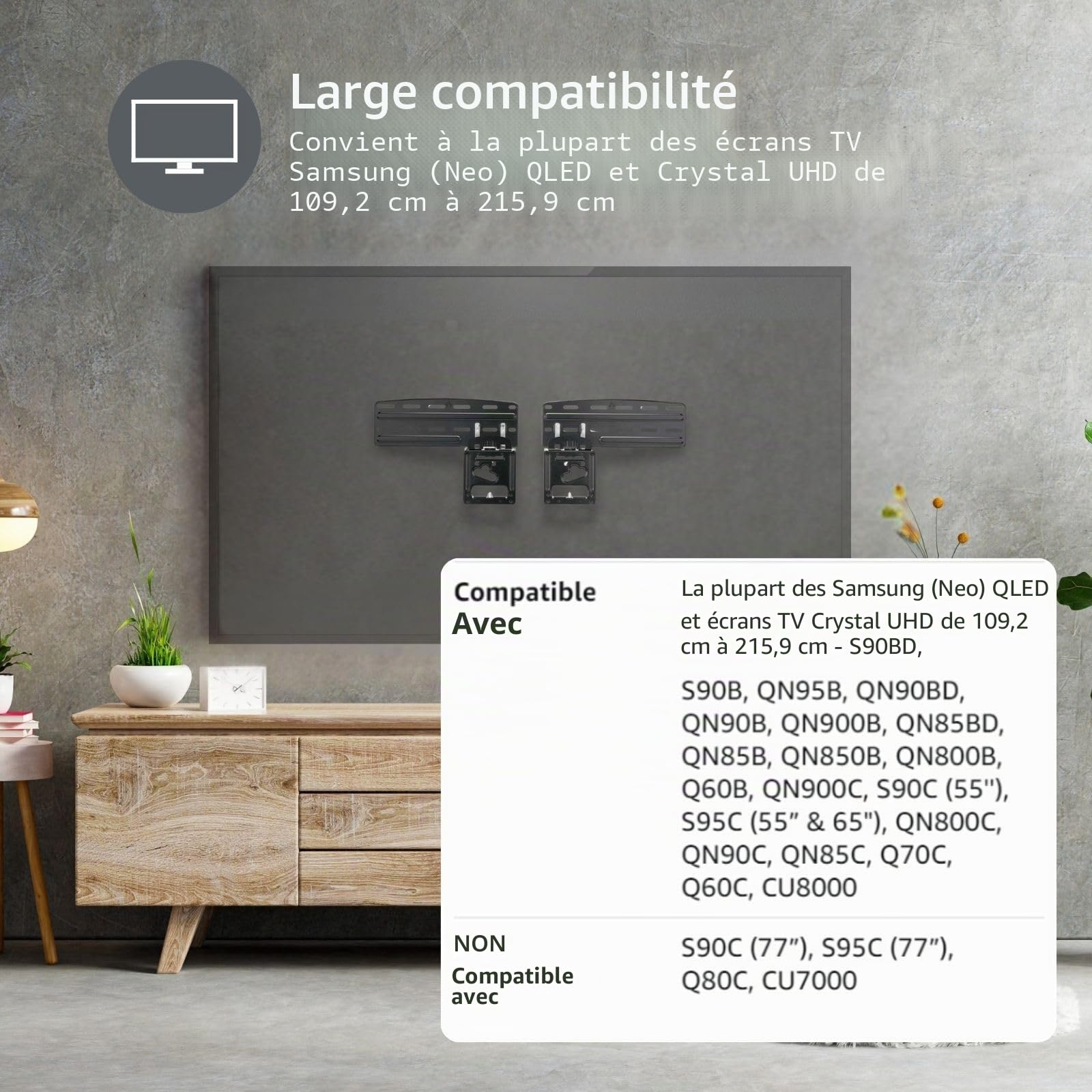 Support TV Mural Fixe - 43-85" - Poids d'écran Maximal Pris en Charge: 60 kg - Distance Minimale du Mur: 7.50 mm - Acier - Noir