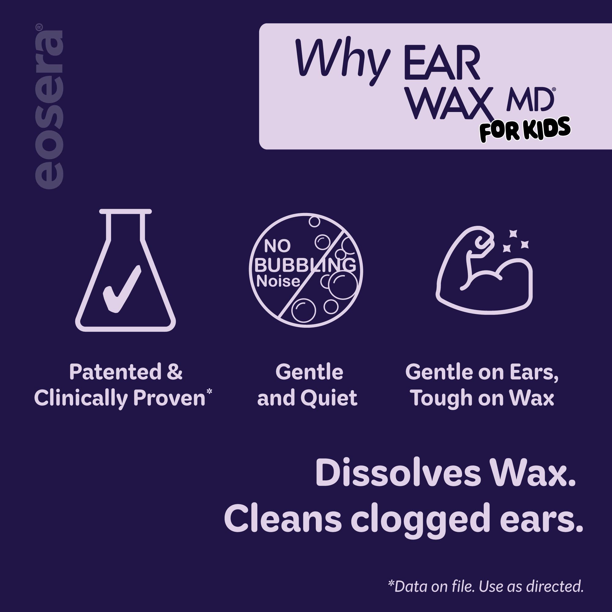 eosera® Ear Wax MD® para niños, gotas de limpieza de cera, 5 frascos de un solo uso, acción rápida, descompone y disuelve la cera en solo 1 tratamiento, clínicamente probado, suave y seguro