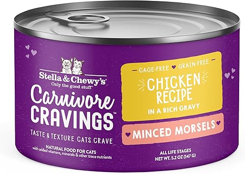 Stella & Chewy's Carnivore Cravings Minced Morsels Cans Grain Free, Protein Rich Wet Cat Food Cage-Free Chicken Recipe (5.2 Ounce Cans, Case of