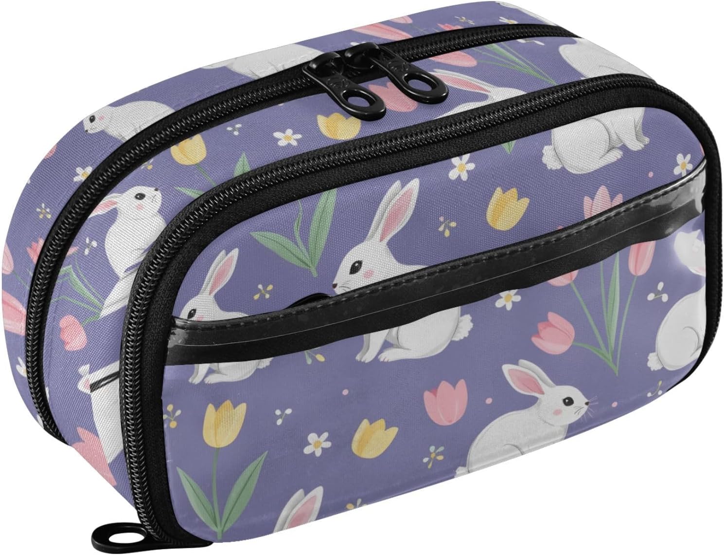 ALAZA Rabbit Tulip Flowers Pattern Large Capacity Pencil Case, Aesthetic Stationery Organizer Bag with Clear PVC Window, High Capacity Pen Pouch with Dividers for School Office Travel