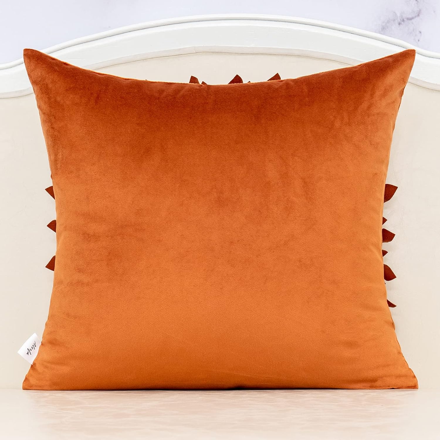 Alerfa 3D Flower Handmade Throw Pillow Cover Decorative Orange Velvet Pillowcase Cushion Cover with Hidden Zipper for Couch Bed Living Room Home Decor 18 x 18 Inches - Image 2