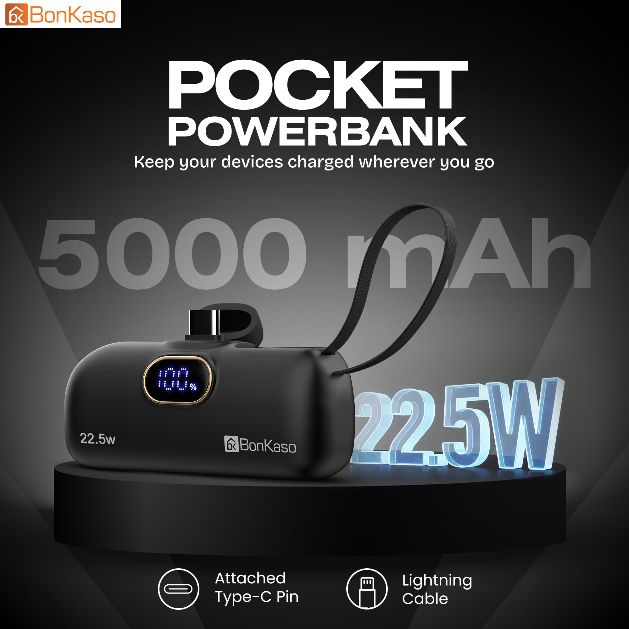 BonKaso 5000mAh Mini Power Bank 22.5W PD Fast Charging, USB-C Type-C Input/Output, Built-in i5 Cable, Digital LED Display, Compact Pocket Portable Charger for iPhone & Android – Black — Amazon image 2