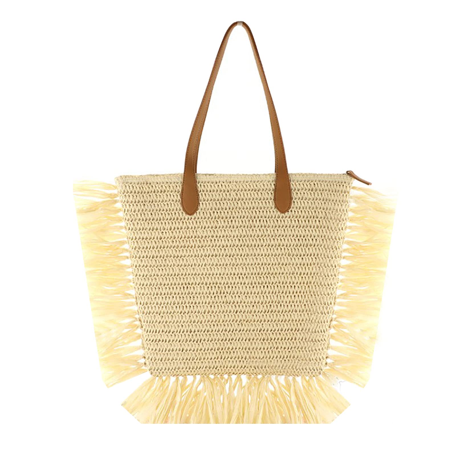 Women Large Fringe Straw Woven Shoulder Bag Summer Beach Top-Handle Bag Travel Tote