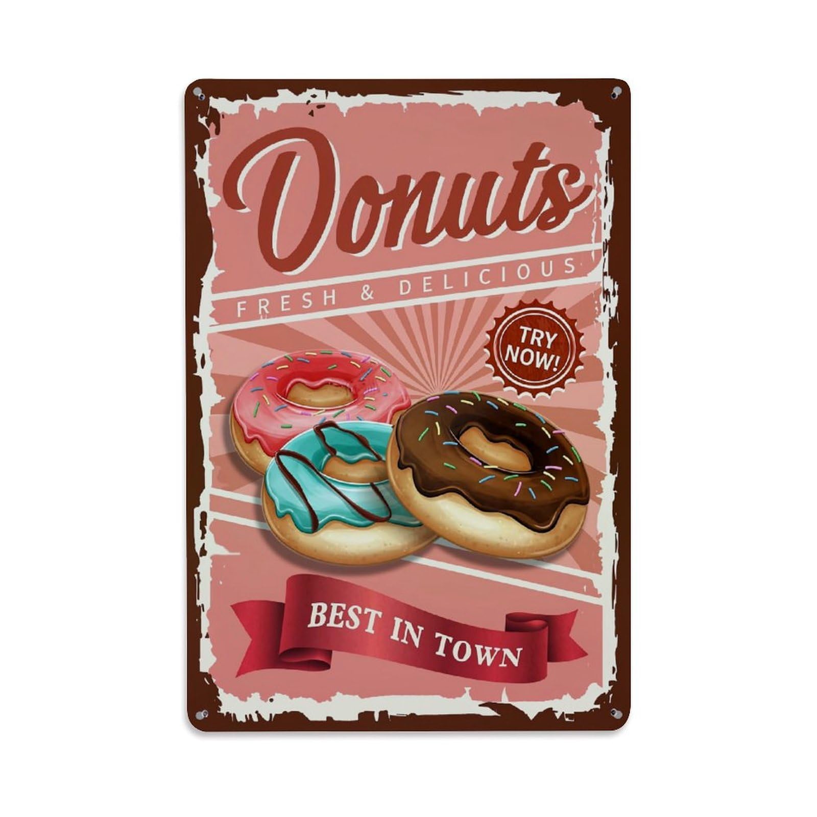 Jdyaojiesheng Vintage Donuts Fresh Delicious Try Now Best In Town Tin Sign Retro Metal Wall Decor Metal Poster, Home Bar Garage Farmhouse Cafe Wall Art Decoration 8X12inches