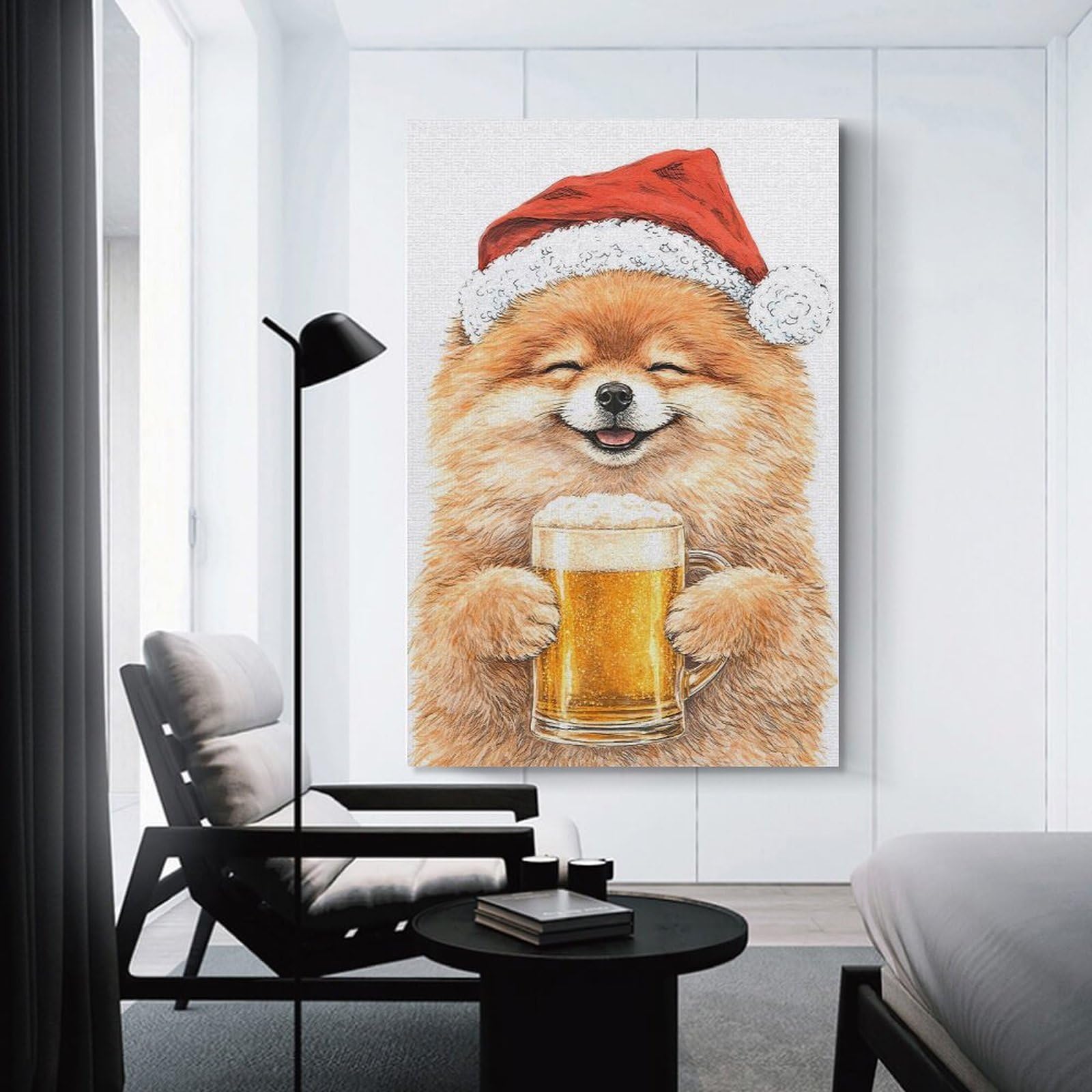 Junmoney Pomeranian Dog in Santa Hat with Beer Decorative Wall Artwork, 24x36inch(60x90cm), for Hallway, Lounge Or Guest Room, Decorative Present for New Homes