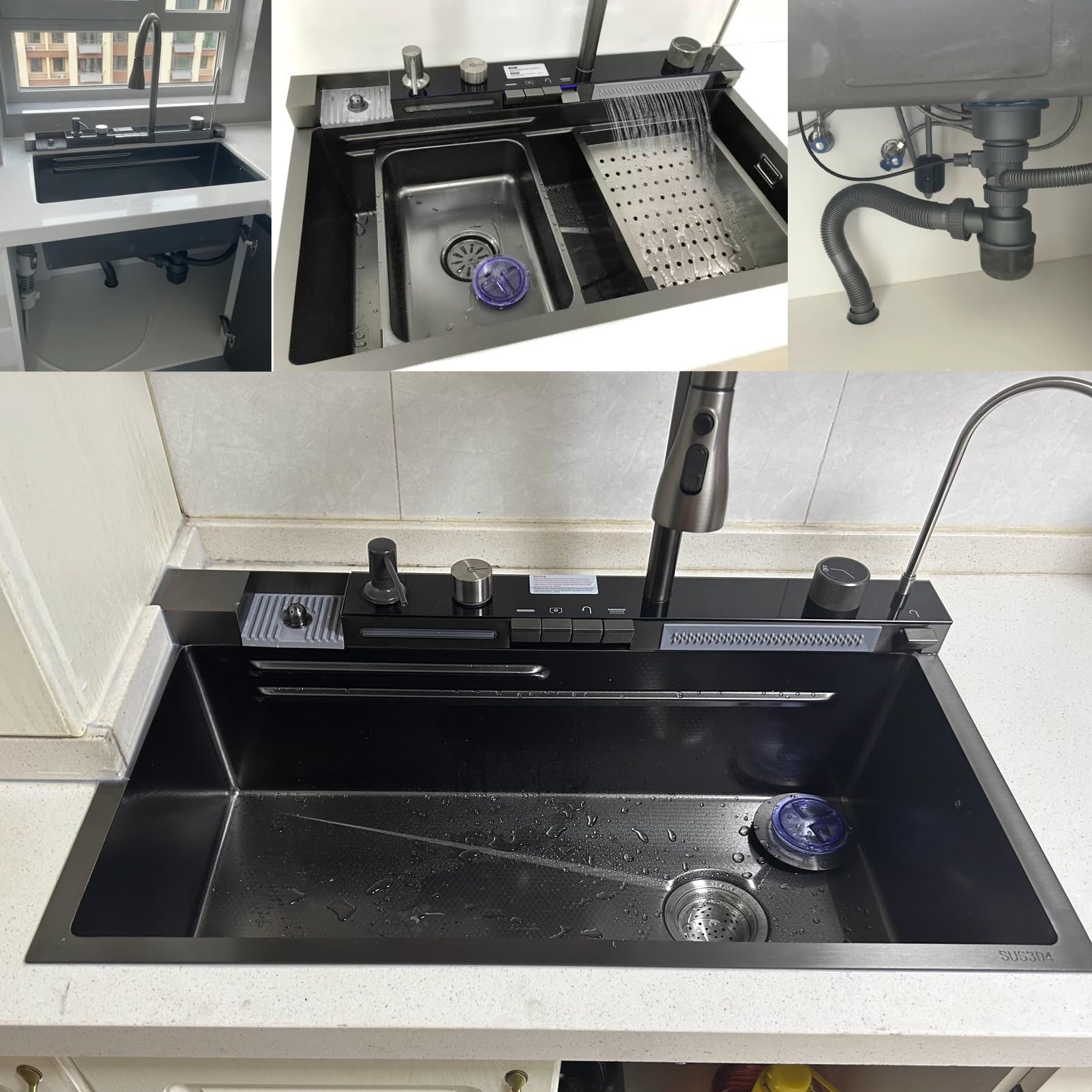 Elegancki zlew kuchenny z podwójnym wylotem wodospadu z wyświetlaczem LED - przestronna stacja robocza, opryskiwacz wyciągany, stal nierdzewna, podkładka pod kubek i niezbędne akcesoria, czarno-szare