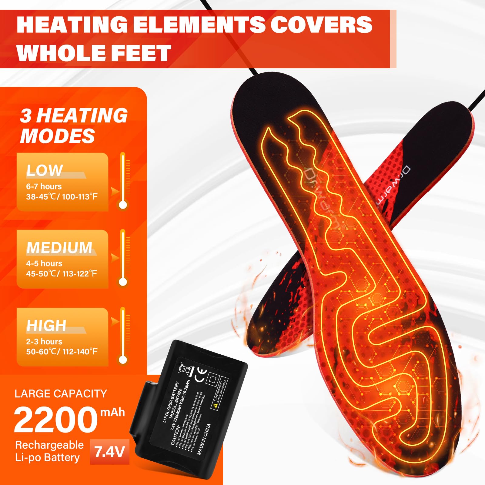 Semelles Chauffantes Rechargeables GTBRITER Avec Appli - Taille Grand - Orange - Open Box