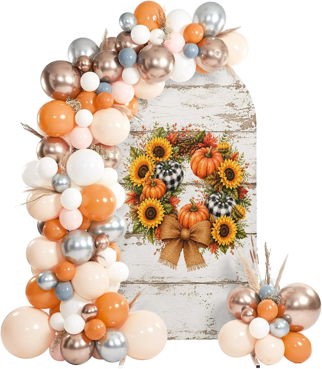 6ft Arch Backdrop Cover, Country Sunflower Pumpkin Stretch Spandex Arch Stand Cover, Thanksgiving Plant Wreath Retro Wood Round Top Chiara Photo Background Decoration for Birthday Party Ceremony