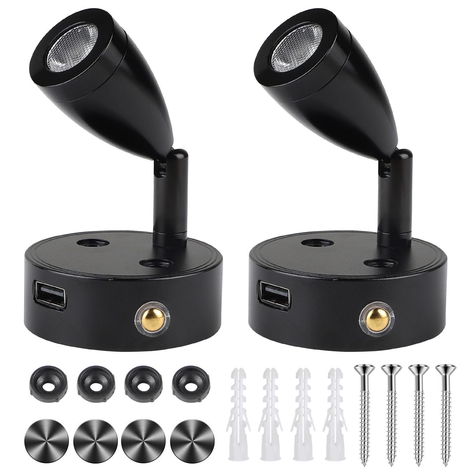 CPROSP Lot de 2 Lampe 12v led Camping Car à intensité variable avec USB 3-6000 K, spot LED 3W 12 V Lampe de lecture pour Intérieur Lumière LED Interrupteur réglable, 180 lm, 59 x 97 mm, noir