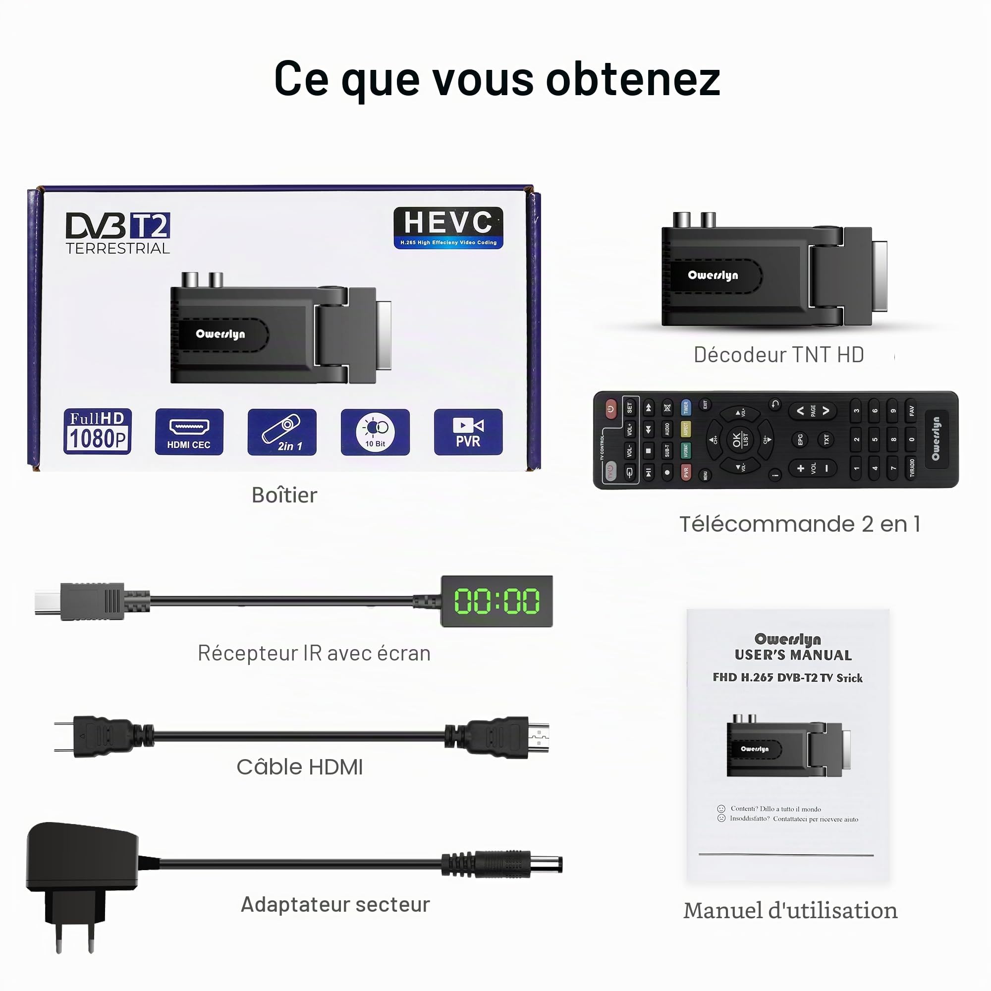 Décodeur Numérique Terrestre 2024 DVB-T2 HD 1080P H265 HEVC Main 10 Bits HDMI CEC TV Stick Support Sortie HDMI/Péritel Enregistreur USB Multimédia PVR [Télécommande 2 en 1]