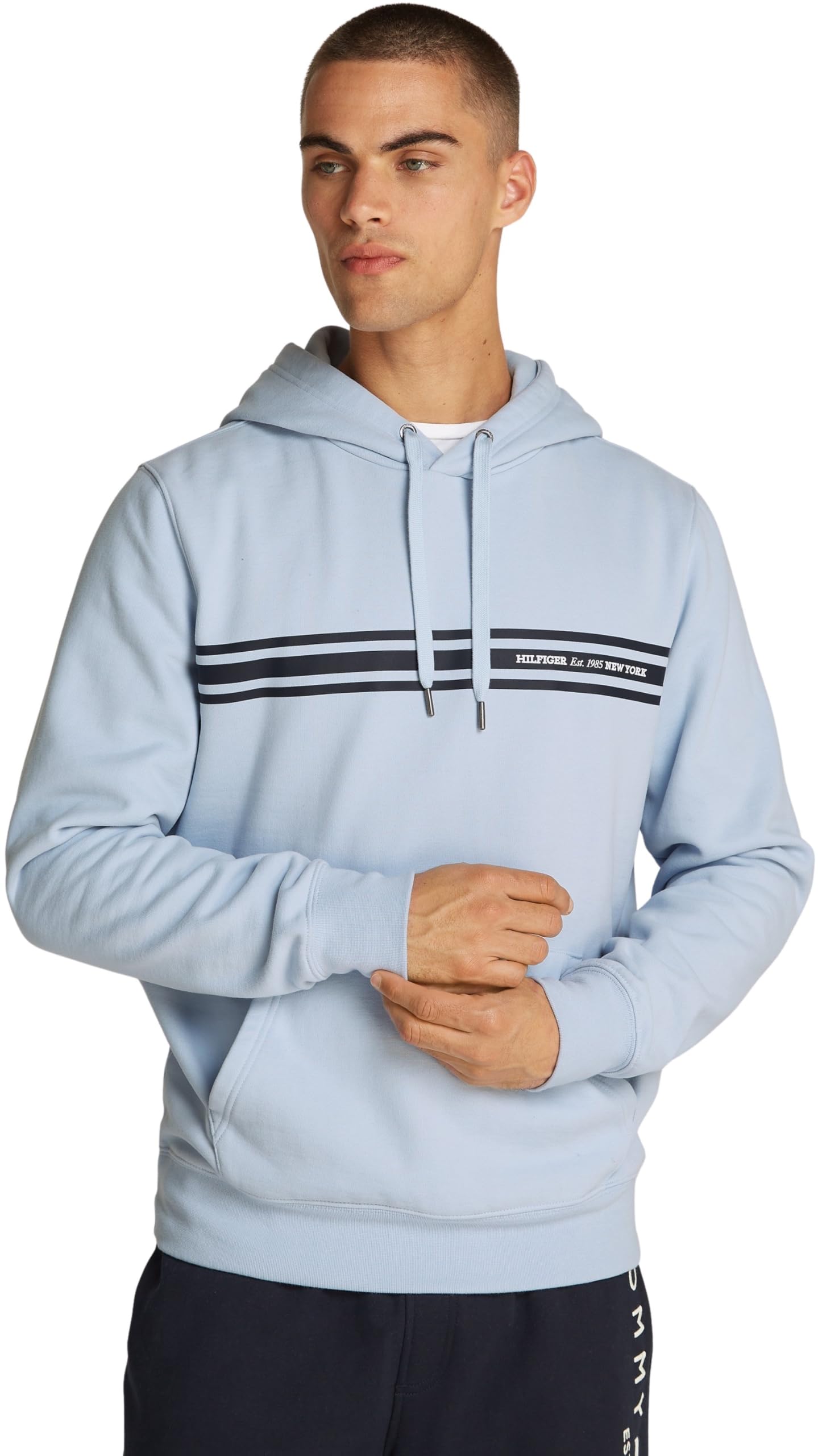Tommy Hilfiger Męska bluza z kapturem w centralny pasek na klatkę piersiową MW0MW38332 bluza z kapturem, niebieski, L, Niebieski (Breezy Blue), L