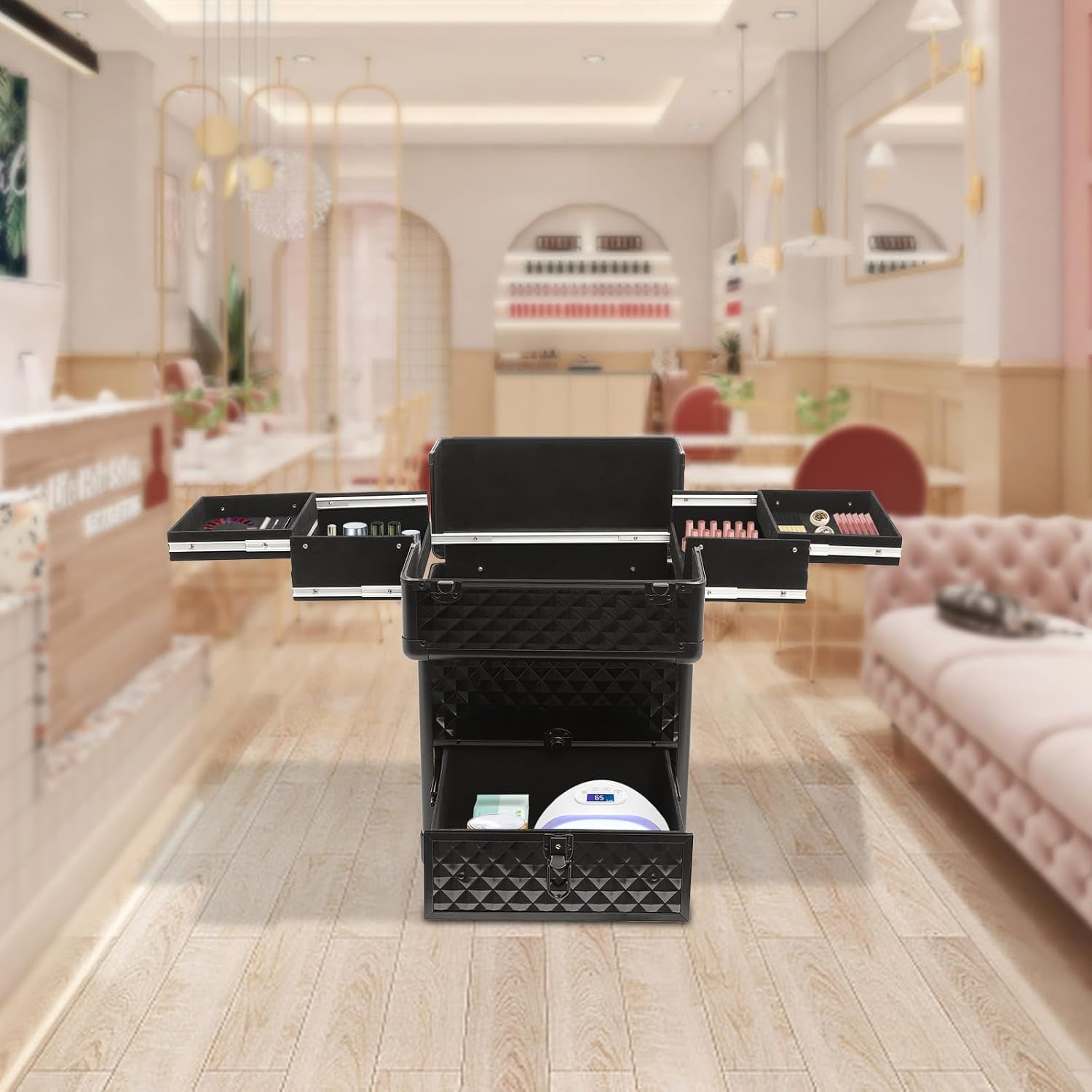 Rolling Makeup Train Case, Wheeled Manicure Storage Case, Large Cosmetic Trolley, Makeup Travel Case for Nail Tech Cosmetologist Stylist Beauty Salon (Black)