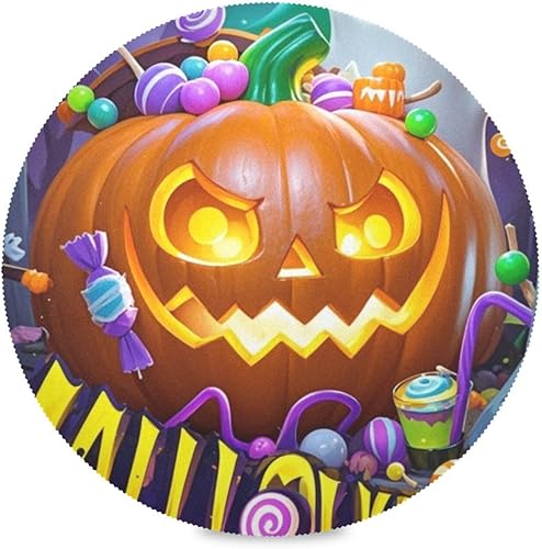 Mantel individual de calabaza naranja malvada para Halloween, mesa redonda, de arpillera, reutilizable, para mesa de comedor, 15.4 x 15.4 pulgadas,