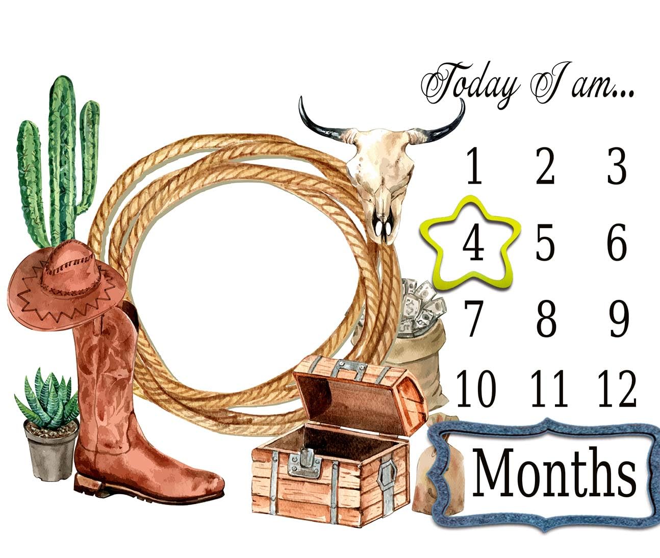 TERSUM Western Cowboy Baby Monthly Milestone Blanket, 48x40in Rope Boots Hat Blanket Soft Flannel Newborn Baby Shower, New Mom Gift Baby Growth Chart