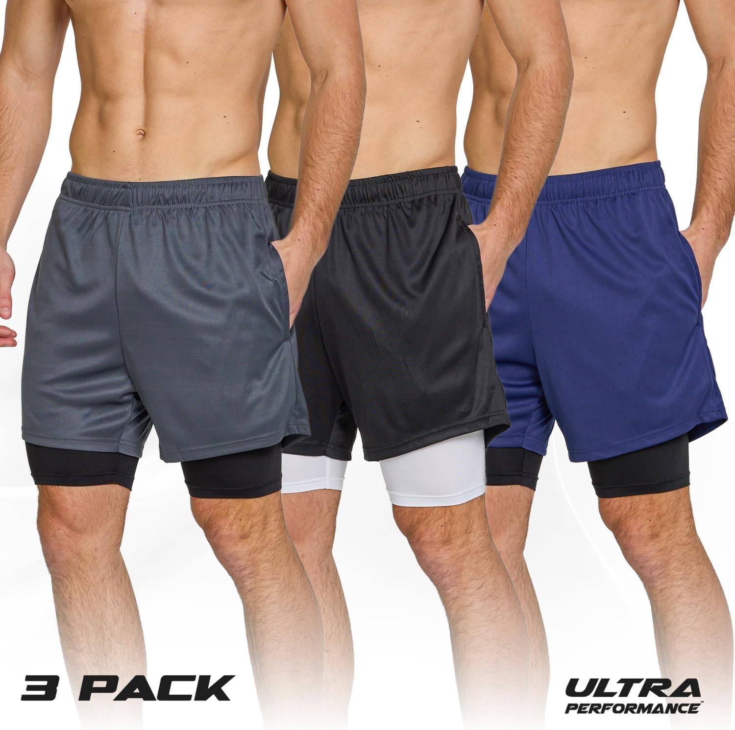 Ultra Performance Mens 2 in 1 Athletic Running Shorts 3 Pk Mens Workout Gym Compression Shorts for Men with Pockets 5" Inseam