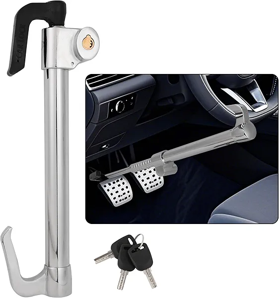 DUKVI Universal Anti-Theft Steering Wheel & Brake Pedal Lock with Retractable Double Hook, 3 Double Row Atom Keys, Car Security Lock for Truck SUV Van, Emergency Window Breaker