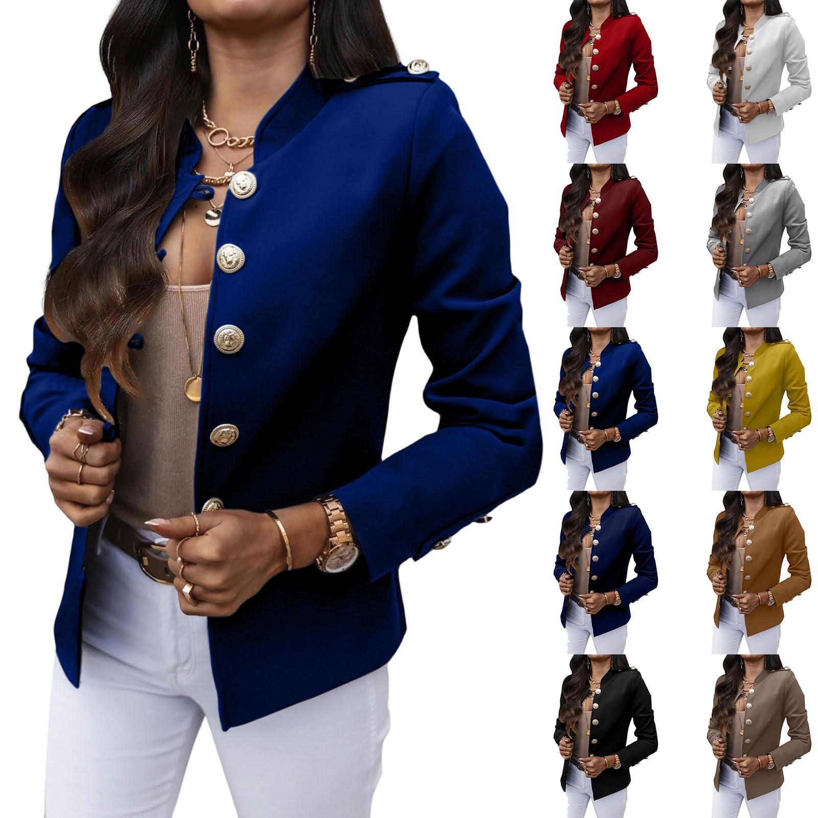 Womens Casual Blazer Jacket Vintage Gold Button Blazers Business Cardigan Open Front Stand Collar Cropped Coat