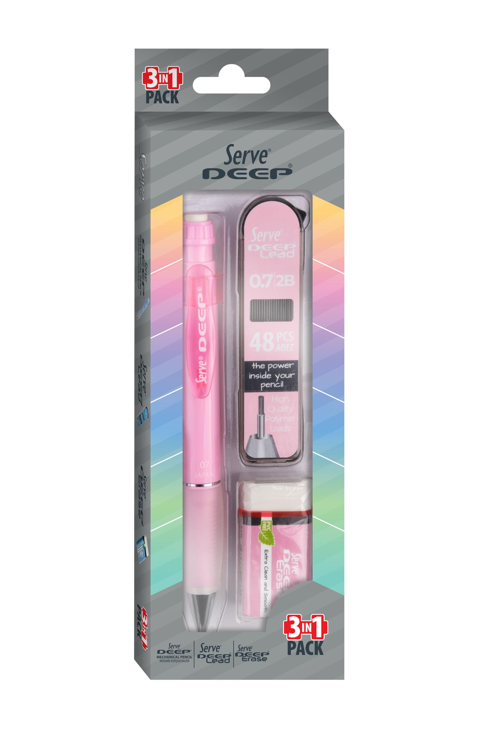 SERVE Deep Versatil Kalem, Silgi ve Kalem Ucu 0,7mm 3'lü Set - Şeker Pembe
