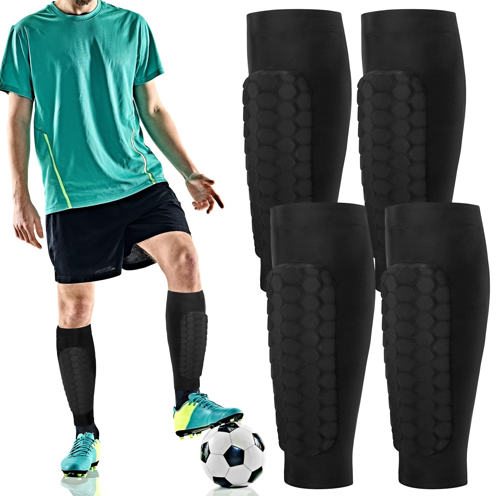 2 Pair Shin Pads Mens Football Shin Guards Pads Sleeves With Honeycomb Pad Flexible and Comfortable Impact Protection For Kids Teenagers(M)
