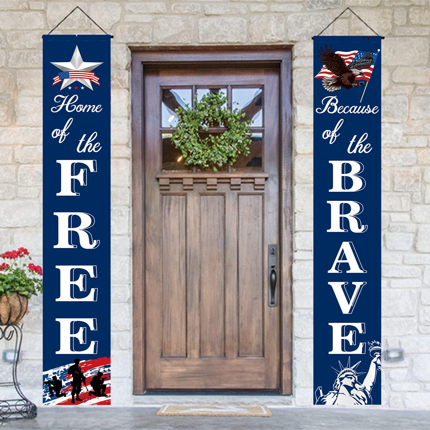 American Flag Patriotic Porch Sign Banners -“HOME of the FREE” and “Because of the BRAVE”- Hanging Banner for Memorial Day,4th of July Decor,