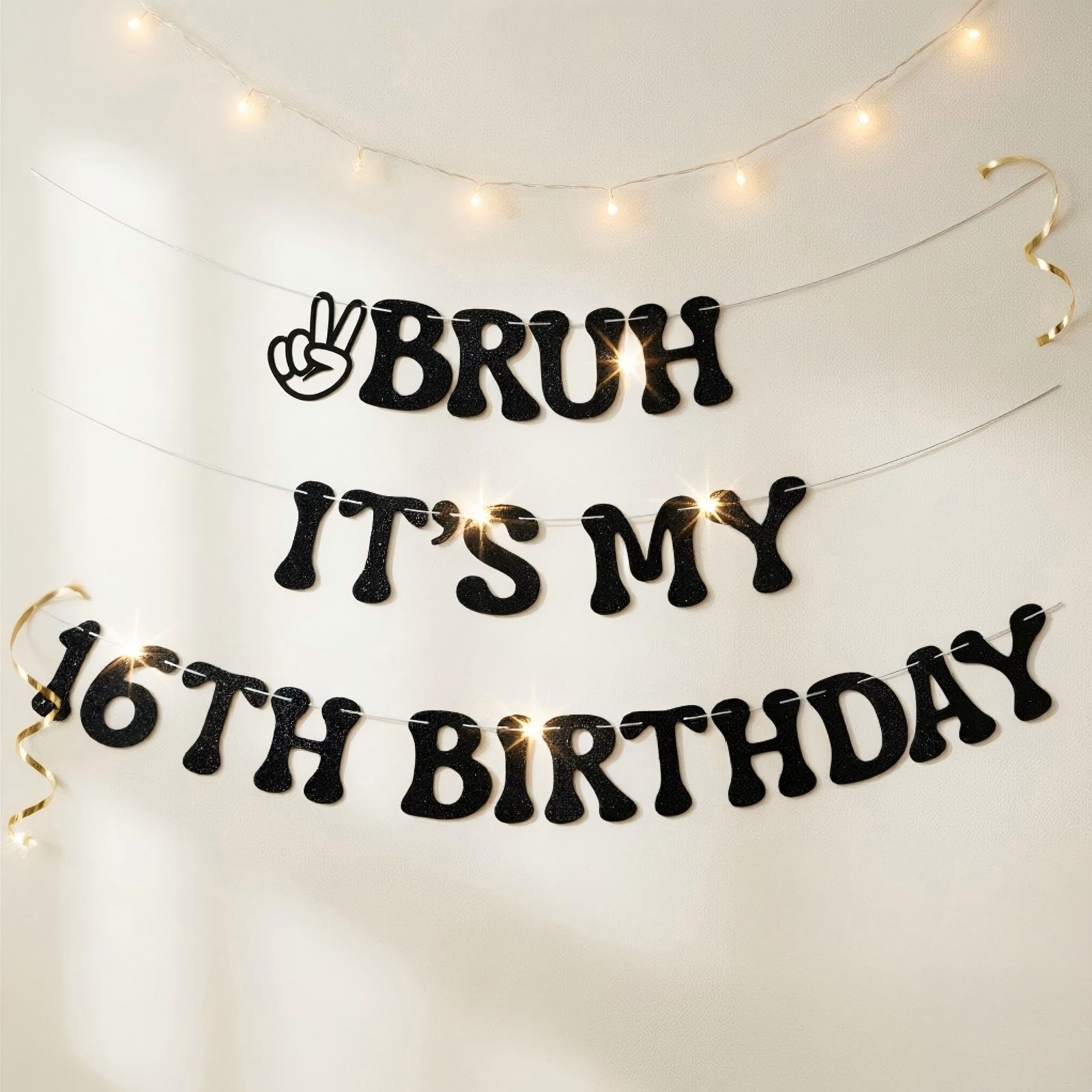 16th Birthday Banner - Black Glitter Party Decor with "BRUH IT'S MY 16TH BIRTHDAY" Slogan - Reusable Hanging Decoration for Teen Birthday Celebration (8.2 Feet)