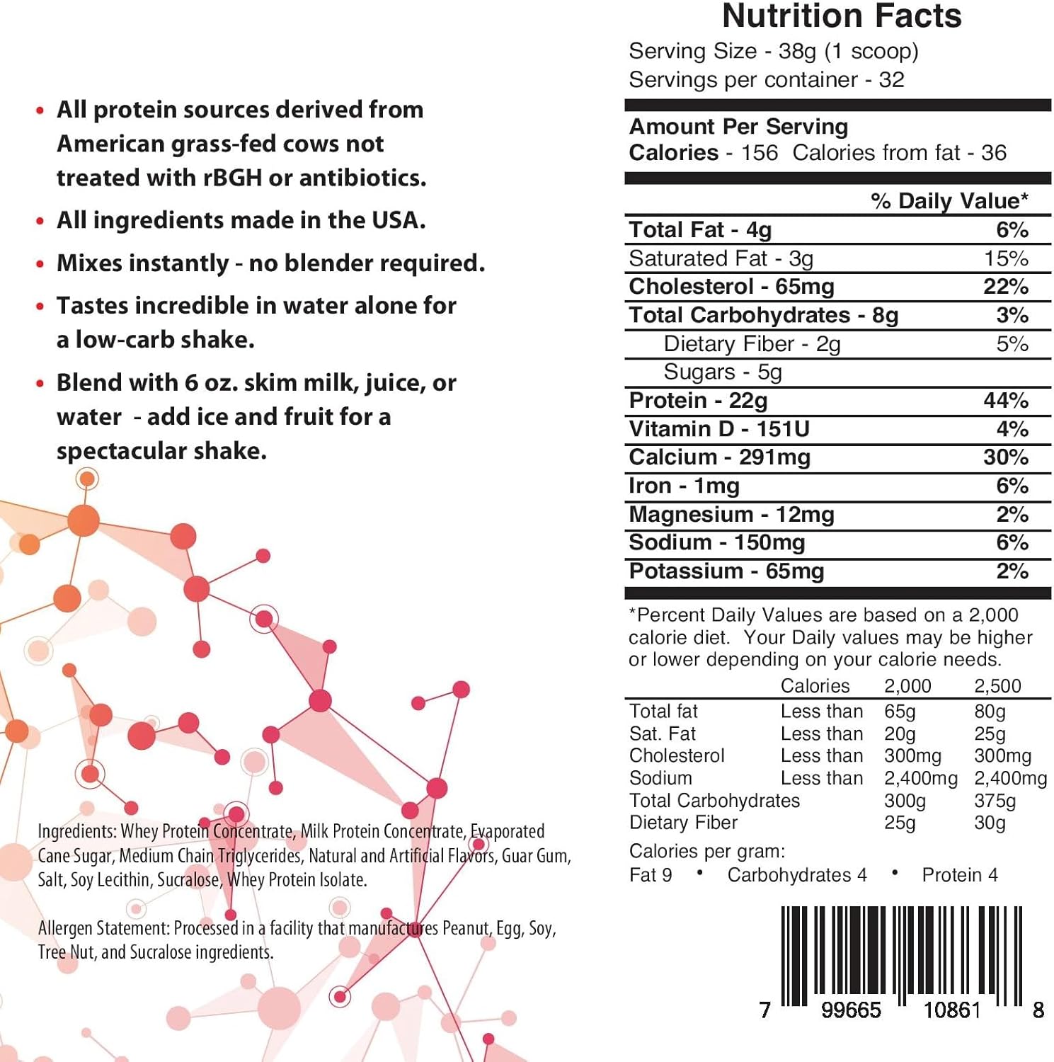 Precision Protein Blend- 100% Grass Fed Whey Protein Concentrate and Isolate Blend - 22g of Protein - 32 Servings - 2.2lb - Vanilla Bean