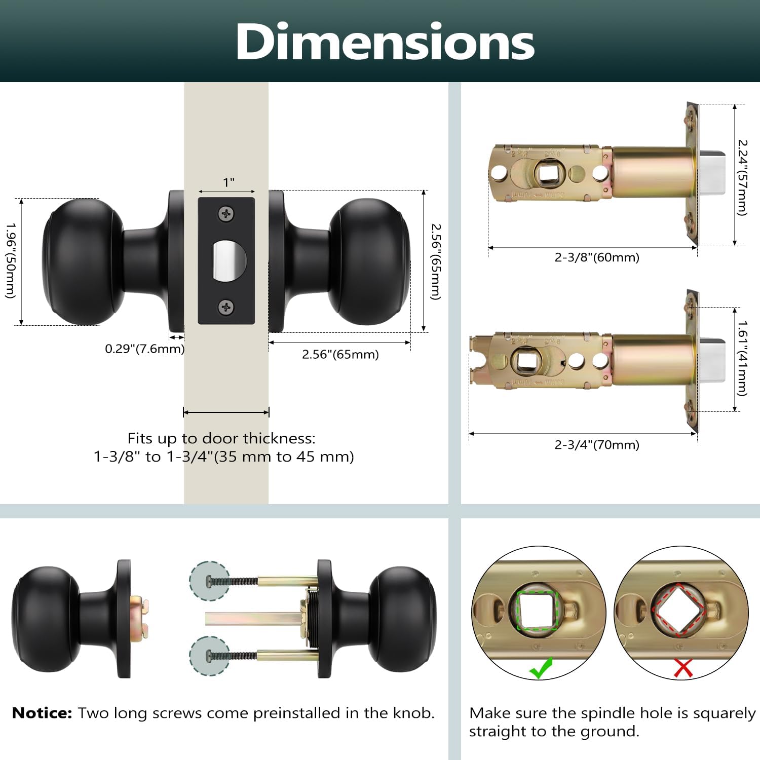 EHOMEWARE Black Passage Door Knobs 4 Pack, Interior Door Handle for Hallway/Closet, Round Door Knob Without Lock, Keyless Door Handle for Left/Right Handed Doors